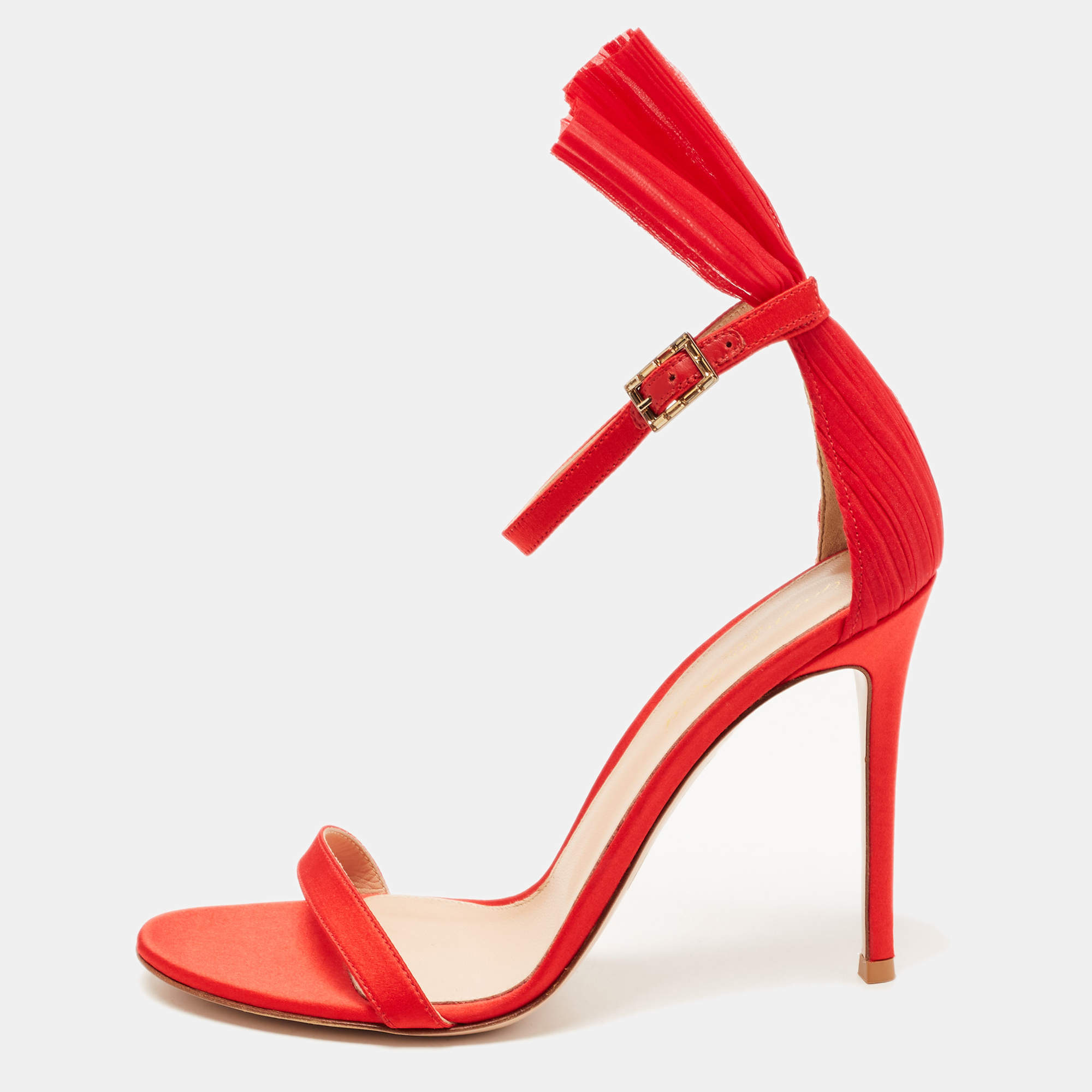 Pre Owned Gianvito Rossi Red Satin And Plisse-Cuff Belvedere Sandals Size 40