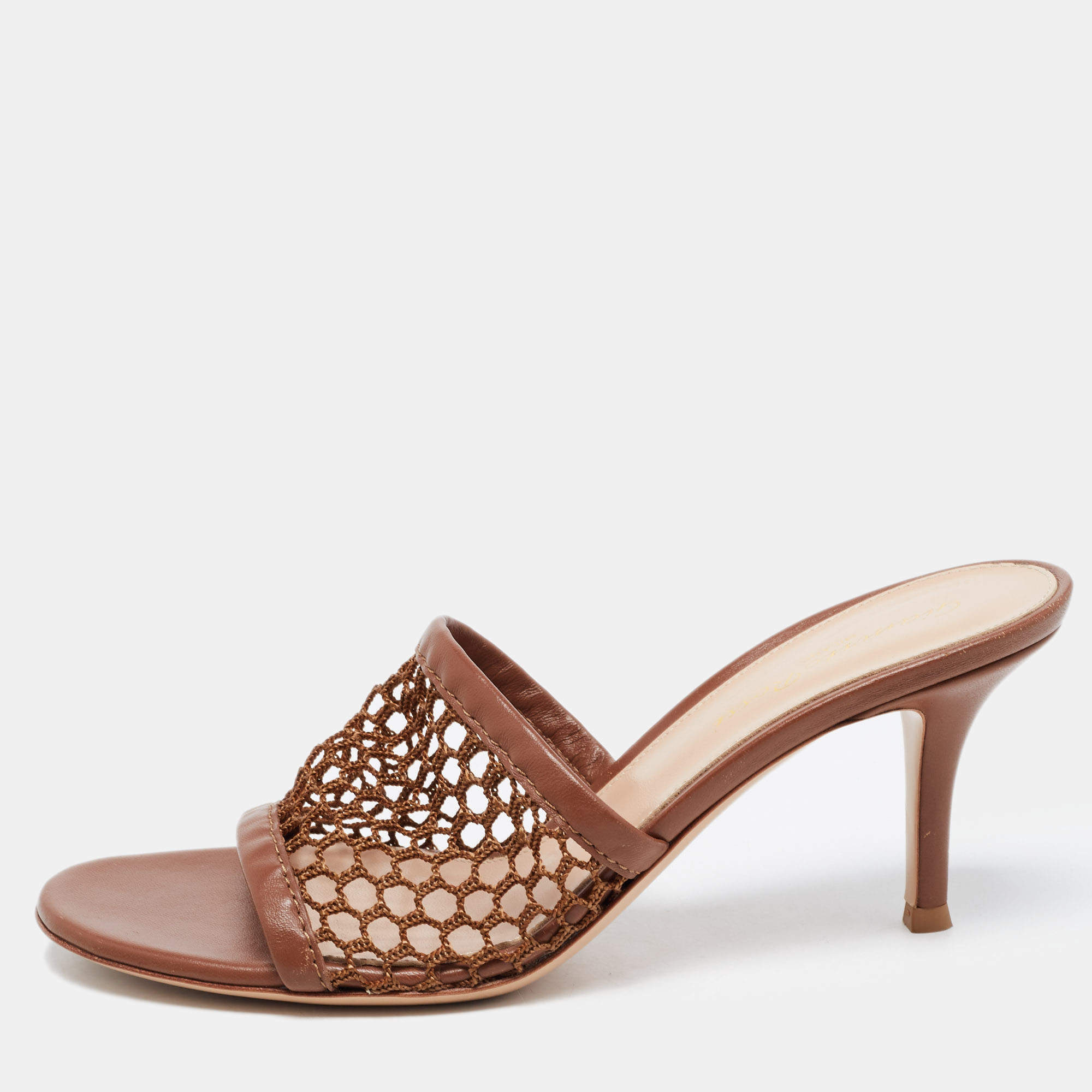 Pre Owned Gianvito Rossi Brown Leather and Mesh Slide Sandals Size 38