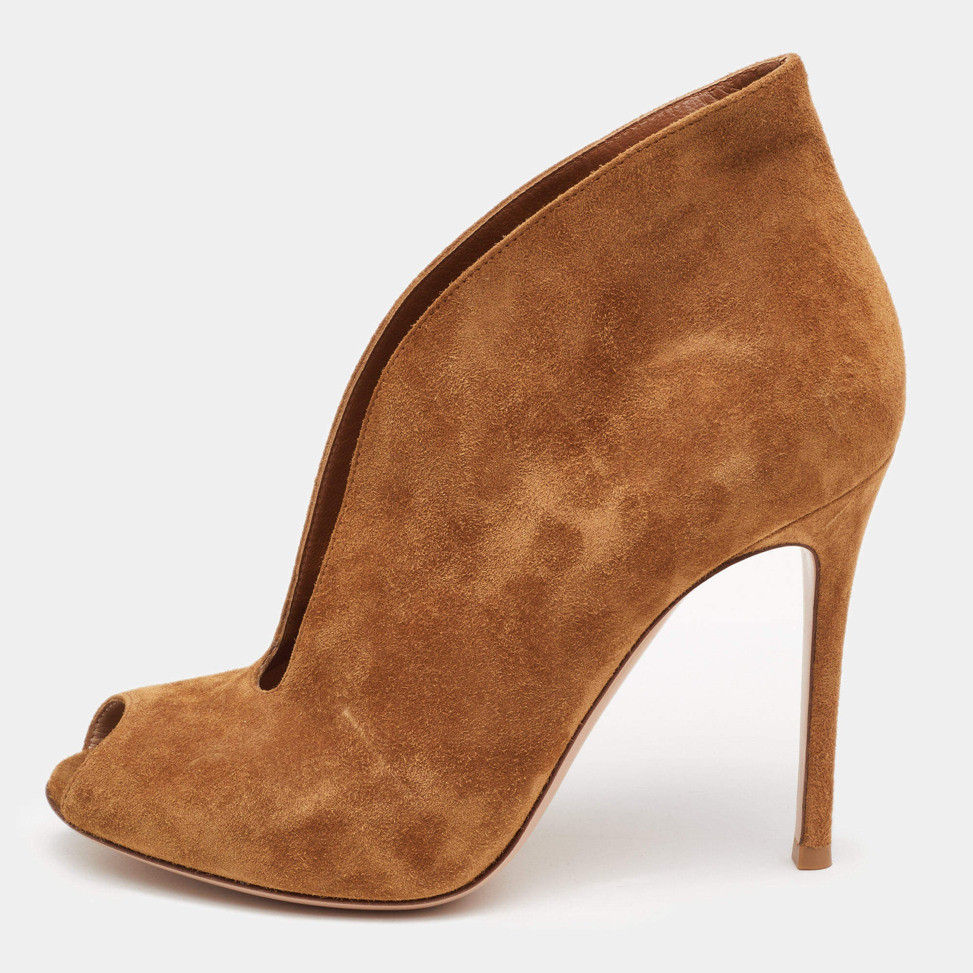 Pre Owned Gianvito Rossi Brown Suede Vamp Peep Toe Booties Size 38