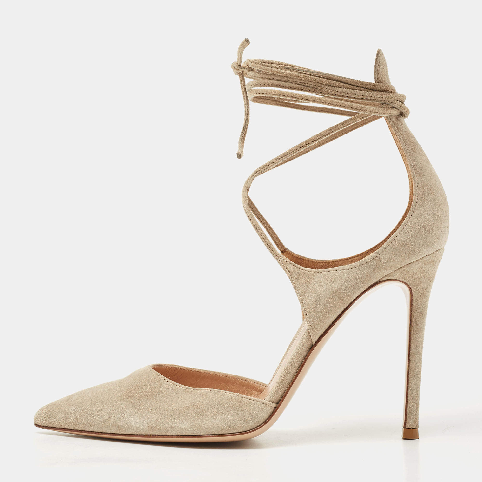 Pre Owned Gianvito Rossi Beige Suede Ankle Wrap Pointed Toe Pumps Size 37.5