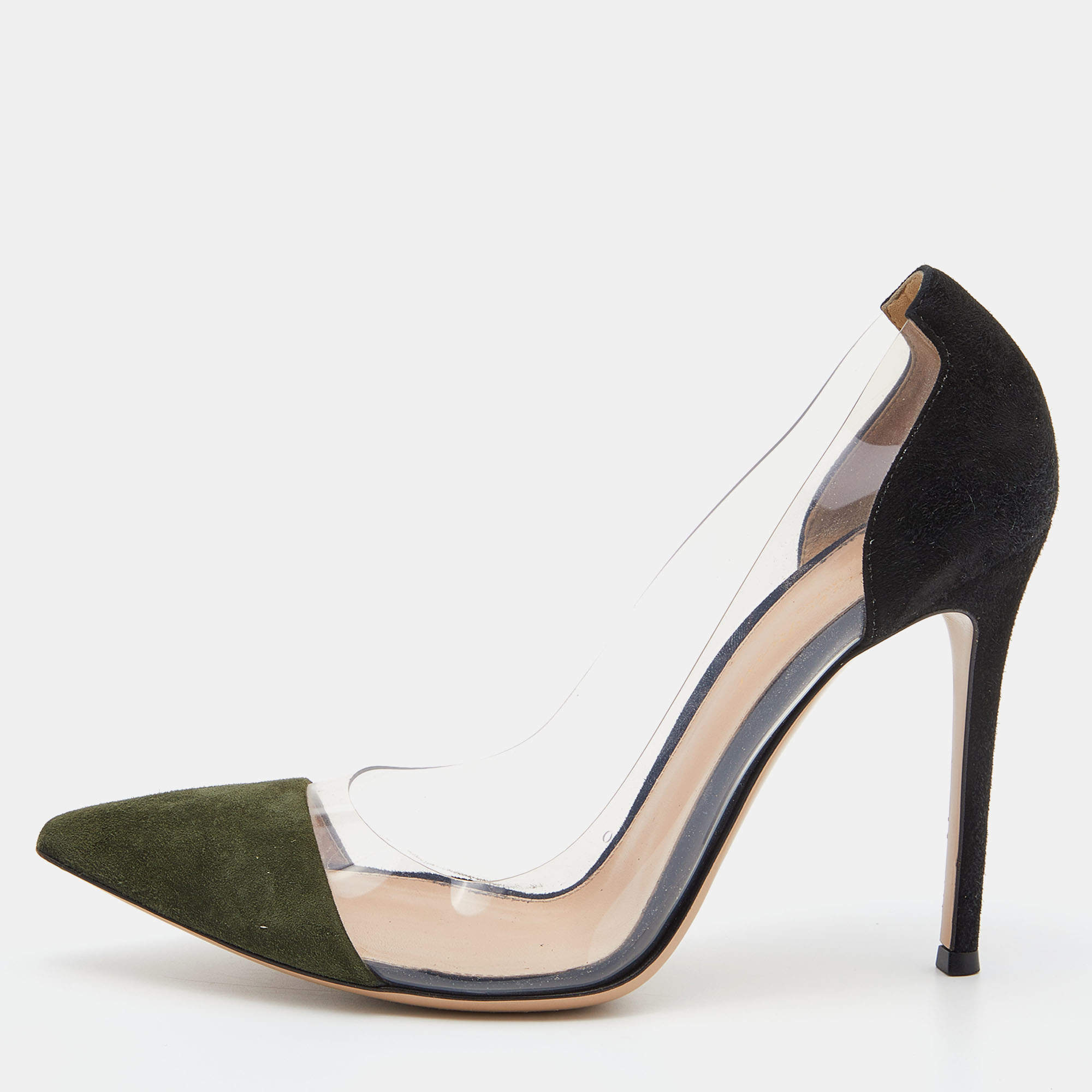 Pre Owned Gianvito Rossi Black/Green Suede and PVC Plexi Pumps Size 39