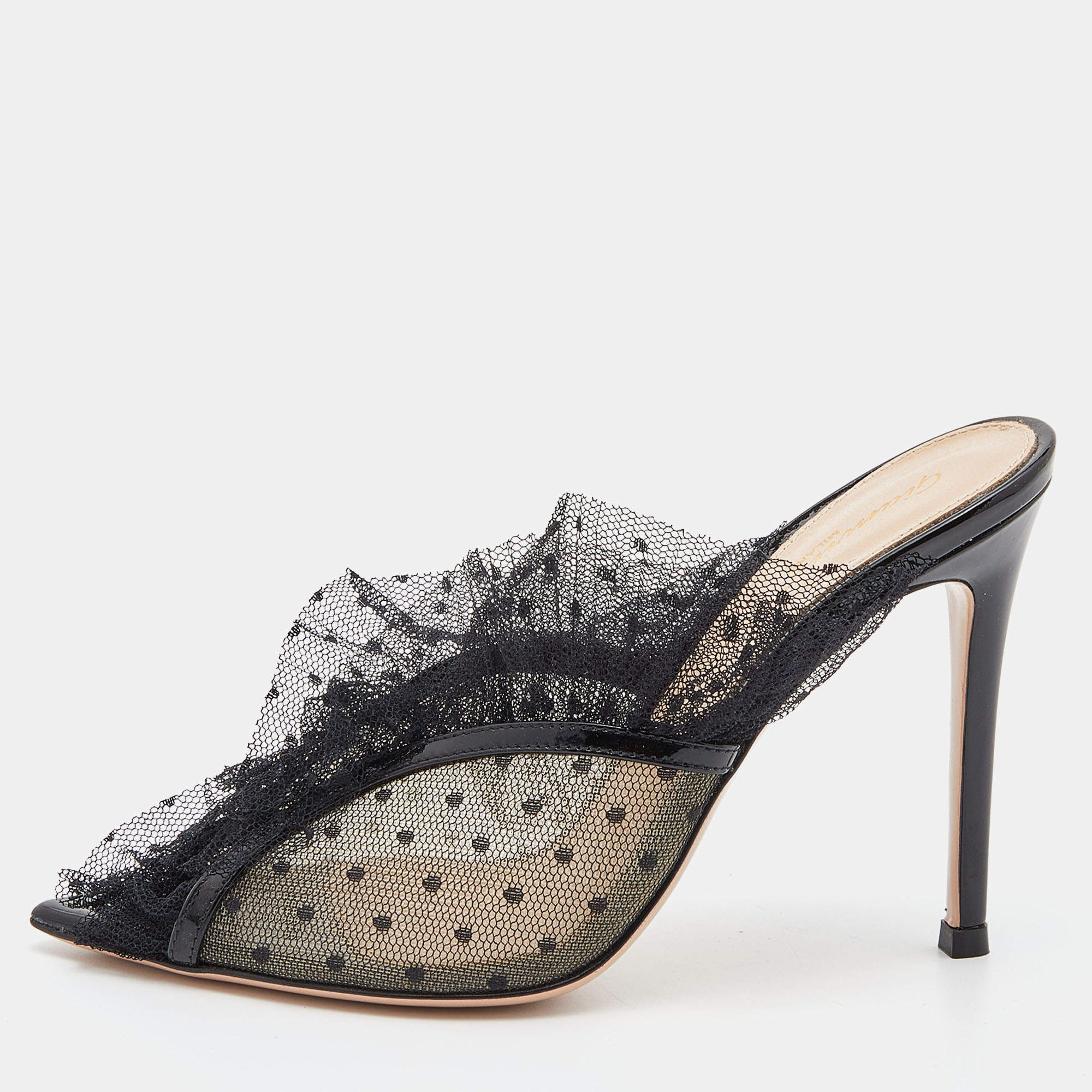Pre Owned Gianvito Rossi Black Lace, Mesh and Patent Leather Mule Sandals Size 35