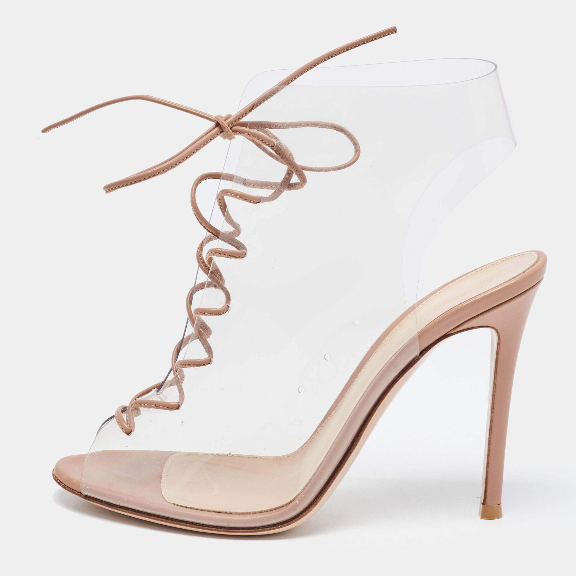 Pre Owned Gianvito Rossi Beige PVC And Leather Helmut Lace Up Booties Size 36.5