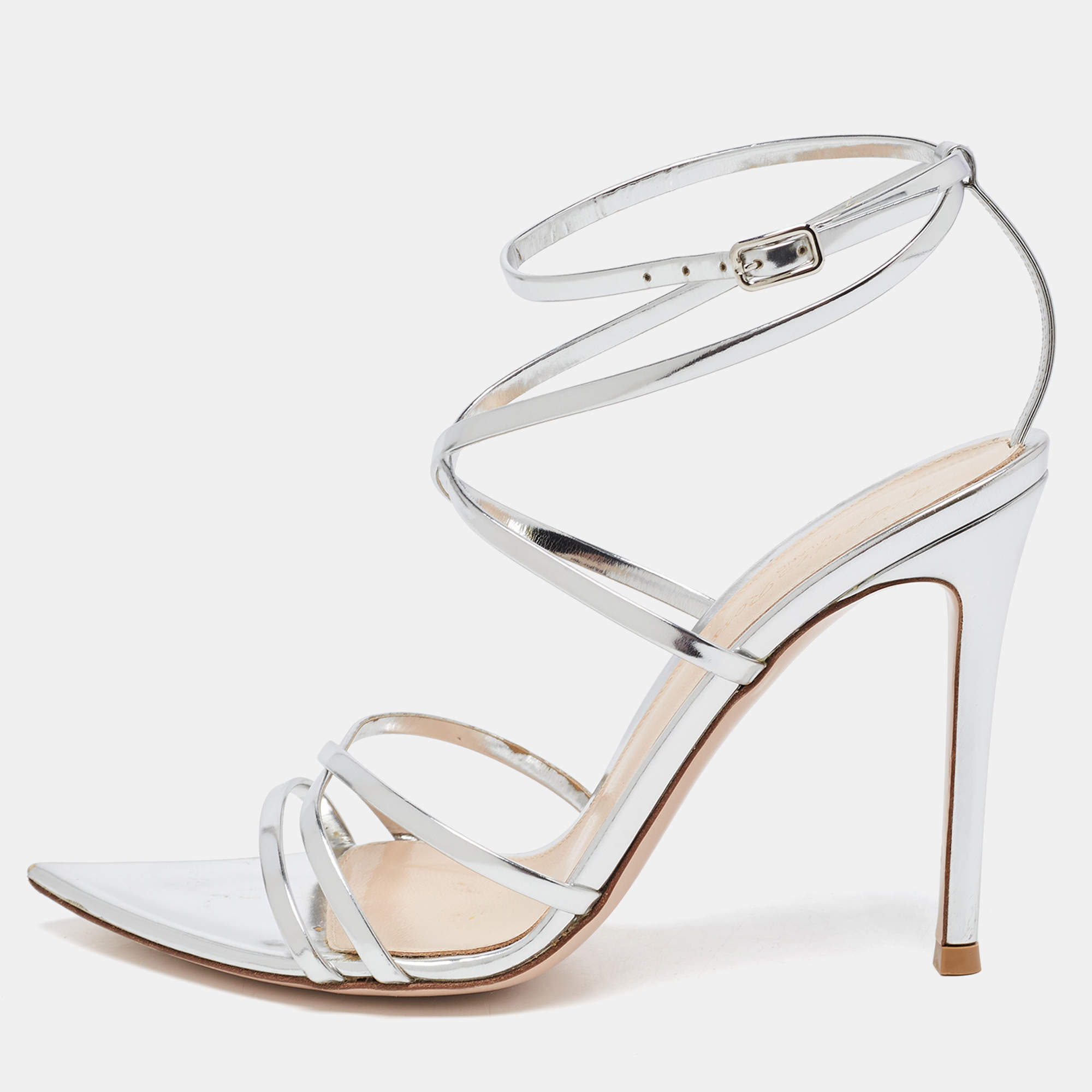 Pre Owned Gianvito Rossi Silver Leather Kim Ankle Strap Sandals Size 37