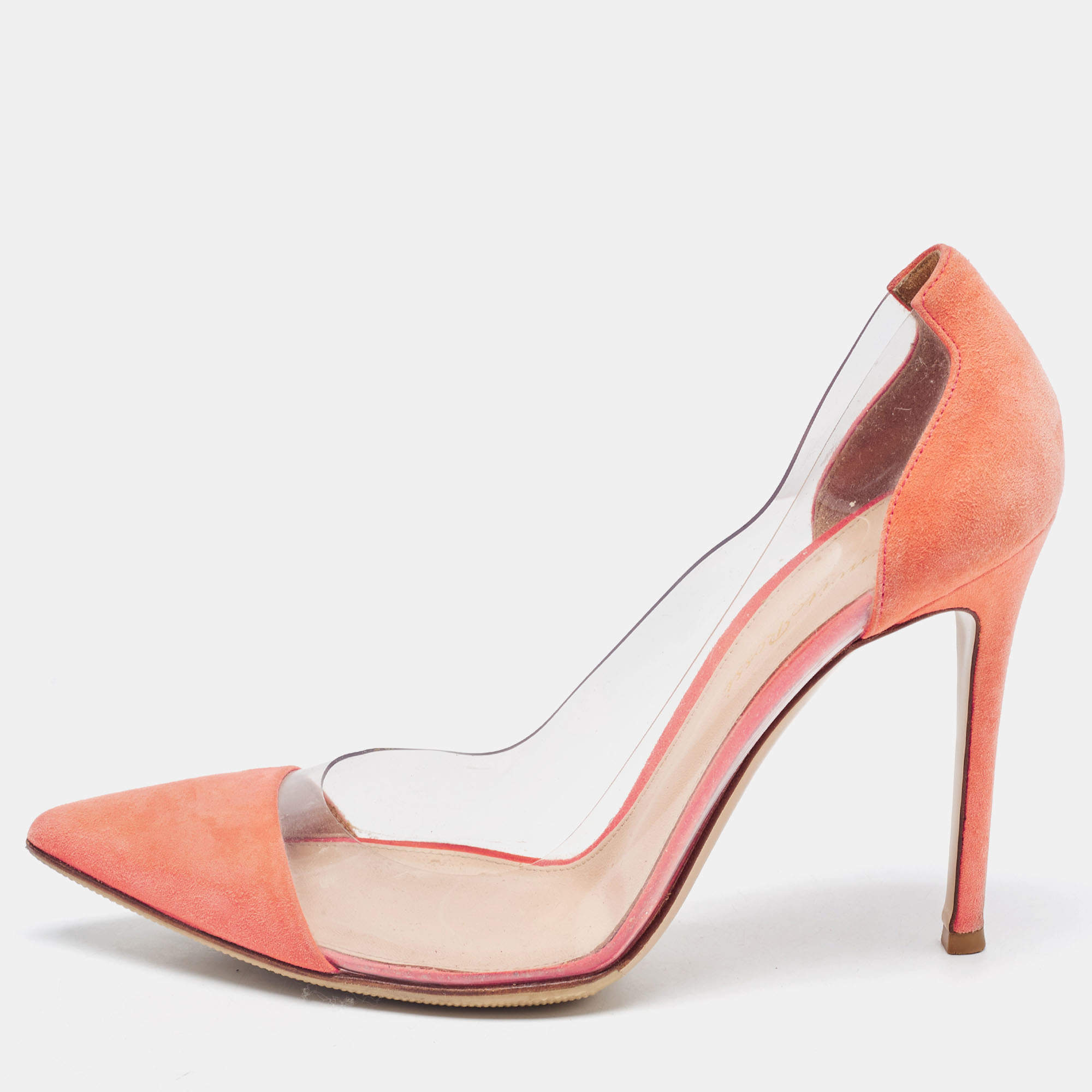 Pre Owned Gianvito Rossi Orange Suede, PVC Plexi Pointed Toe  Pumps Size 38