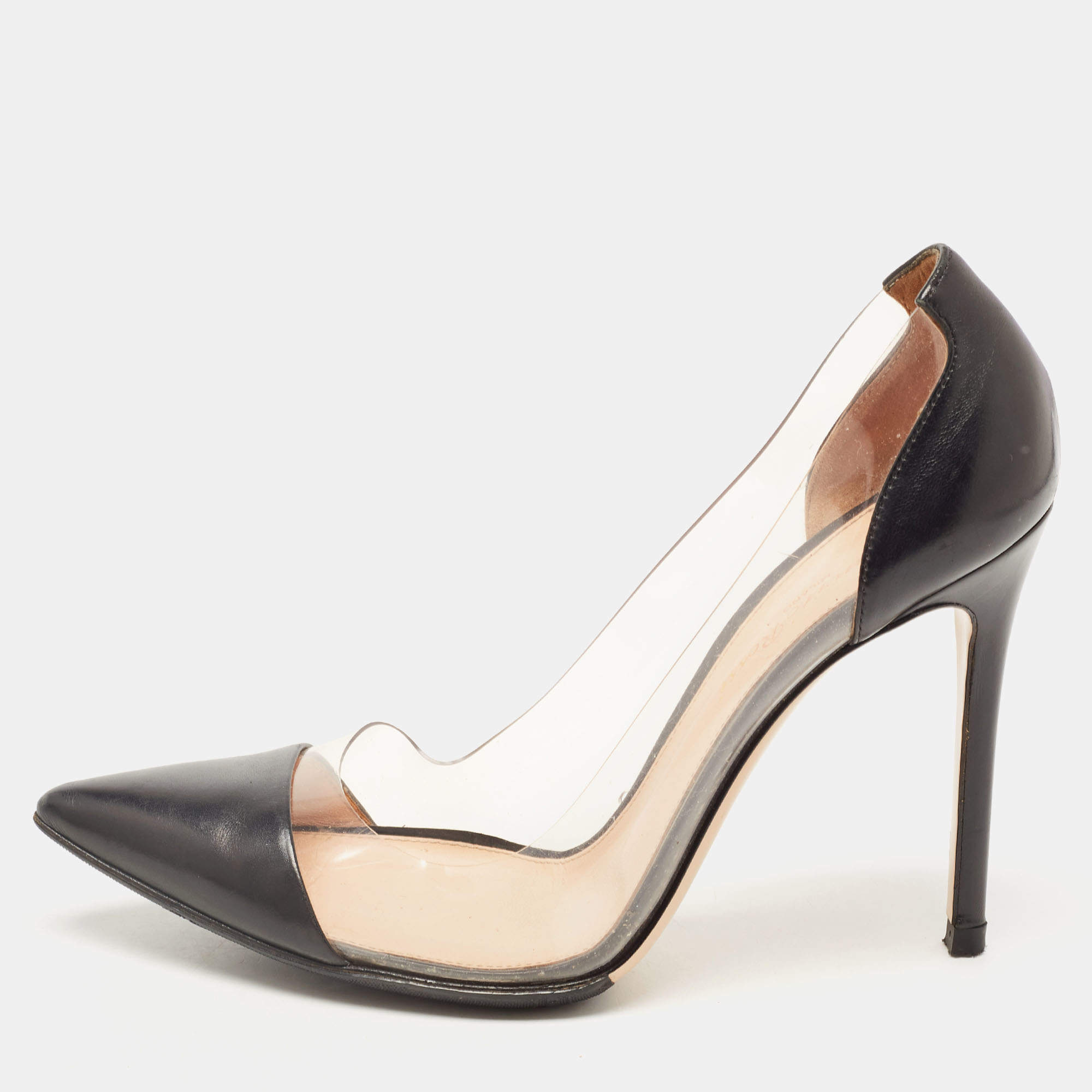Gianvito Rossi　38 Gianvito Rossi Black Leather and PVC Plexi Pointed Toe Pumps