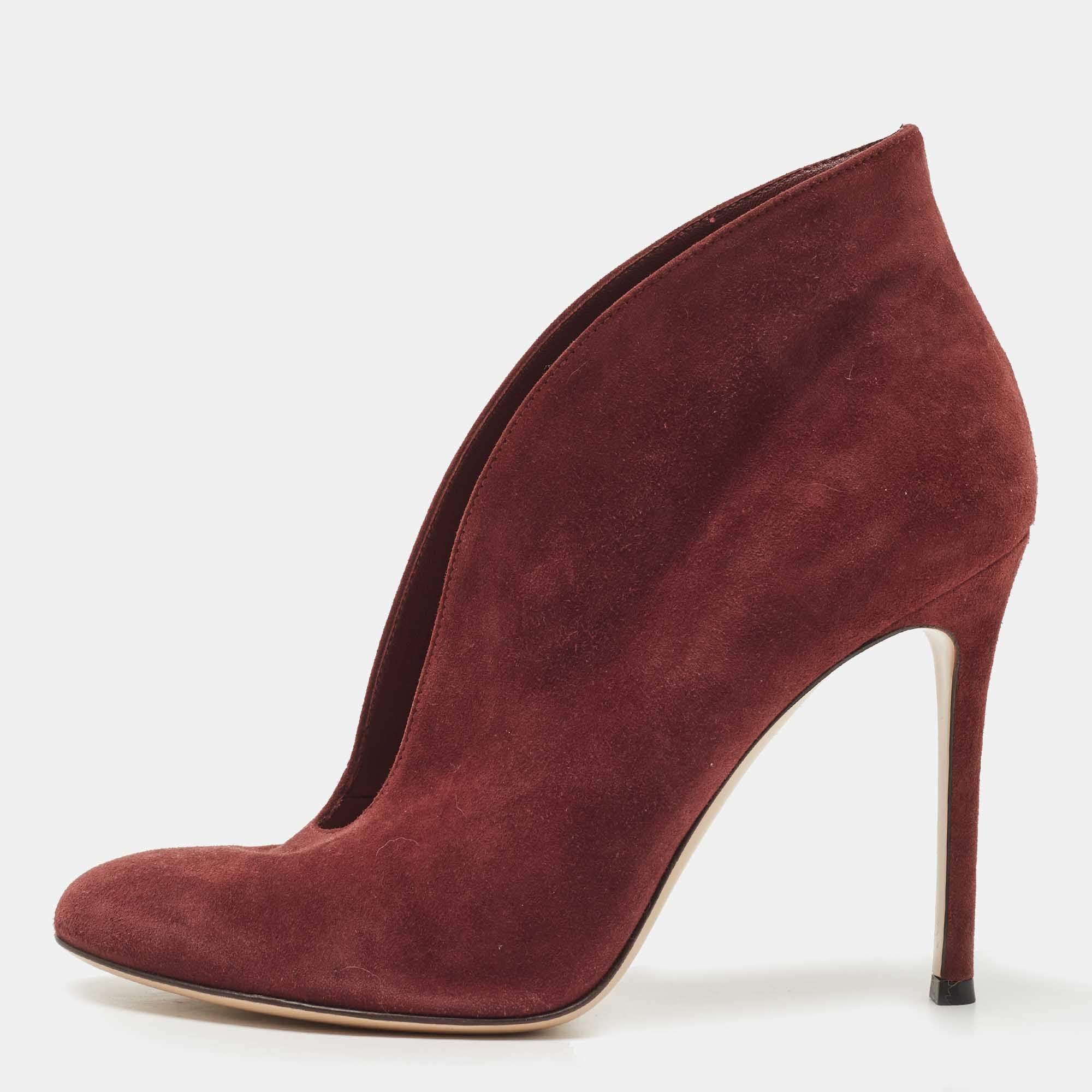 Pre Owned Gianvito Rossi Burgundy Suede Vamp Ankle Length Boots Size 38.5
