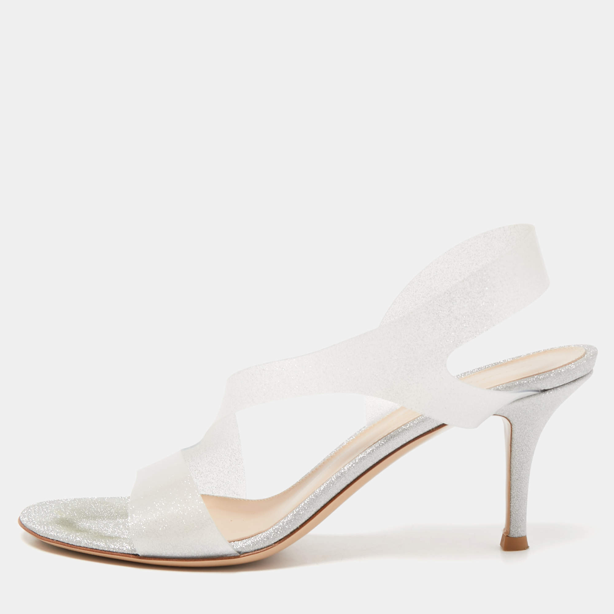 Pre Owned Gianvito Rossi Silver Glitter and PVC Metropolis Slingback Sandals Size 38