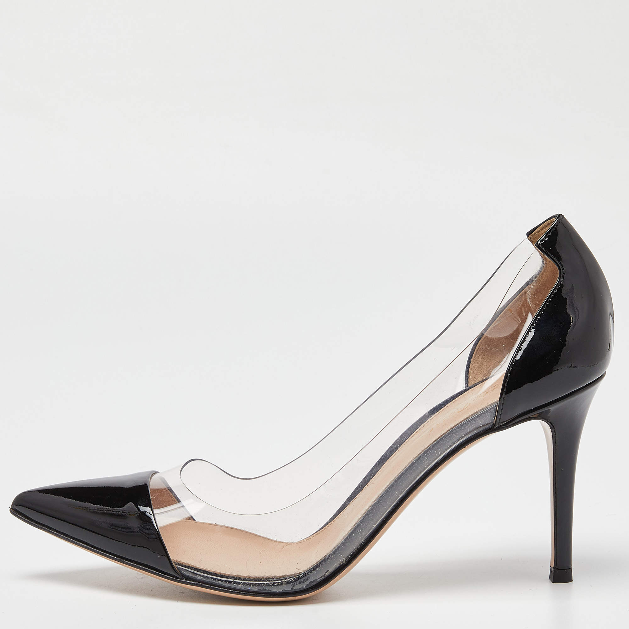 Pre Owned Gianvito Rossi Black Patent Leather and PVC Plexi Pumps Size 39.5