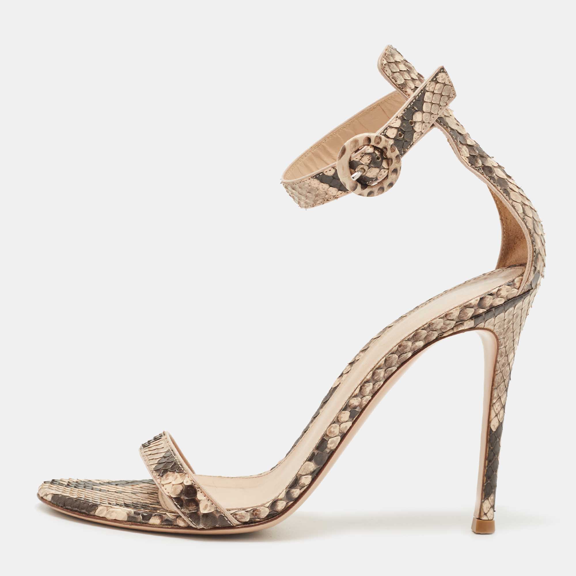 Pre Owned Gianvito Rossi Beige/Black Python Portofino Ankle Strap Sandals Size 38