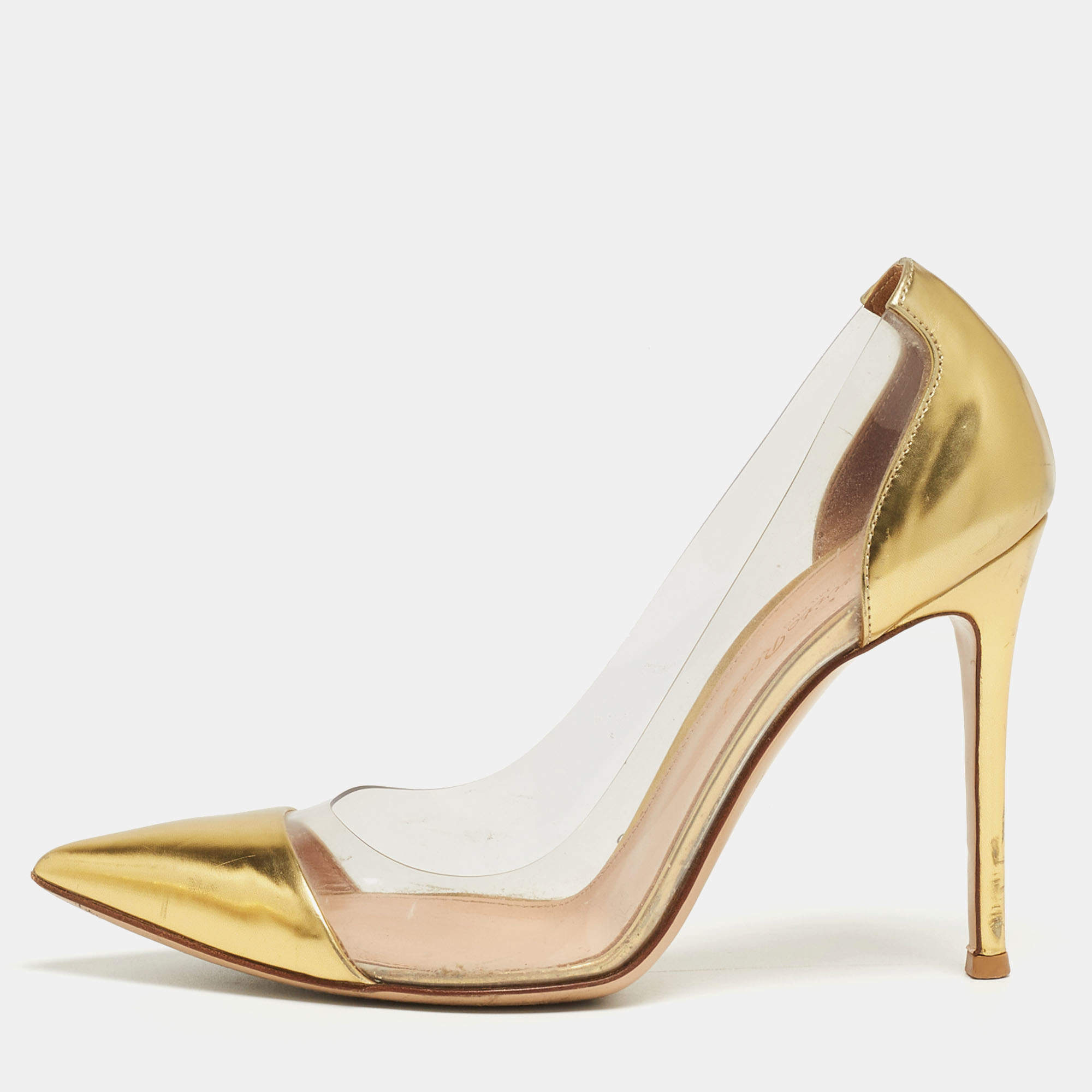 Pre Owned Gianvito Rossi Gold Patent Leather and PVC Plexi Pumps Size 37
