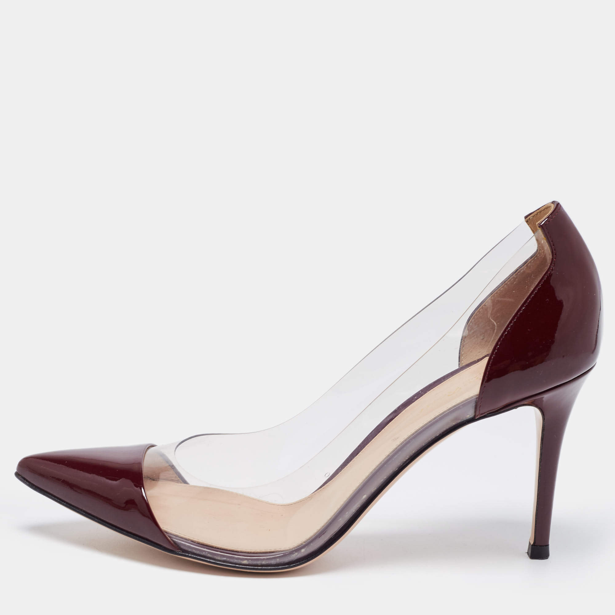 Pre Owned Gianvito Rossi Burgundy Patent Leather and PVC Plexi Pointed Toe Pumps Size 39.5