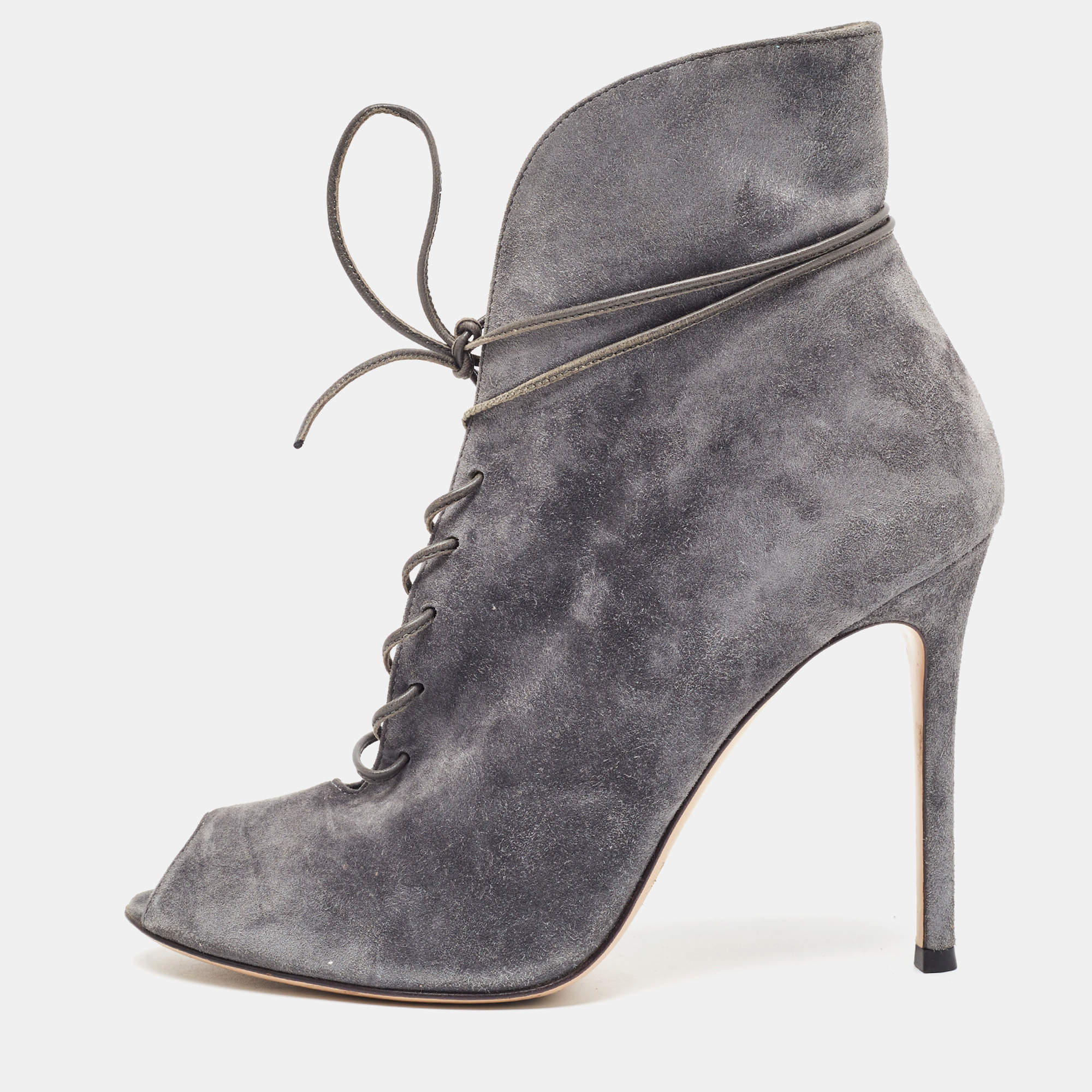 Pre Owned Gianvito Rossi Grey Suede Jane Ankle Booties Size 38.5