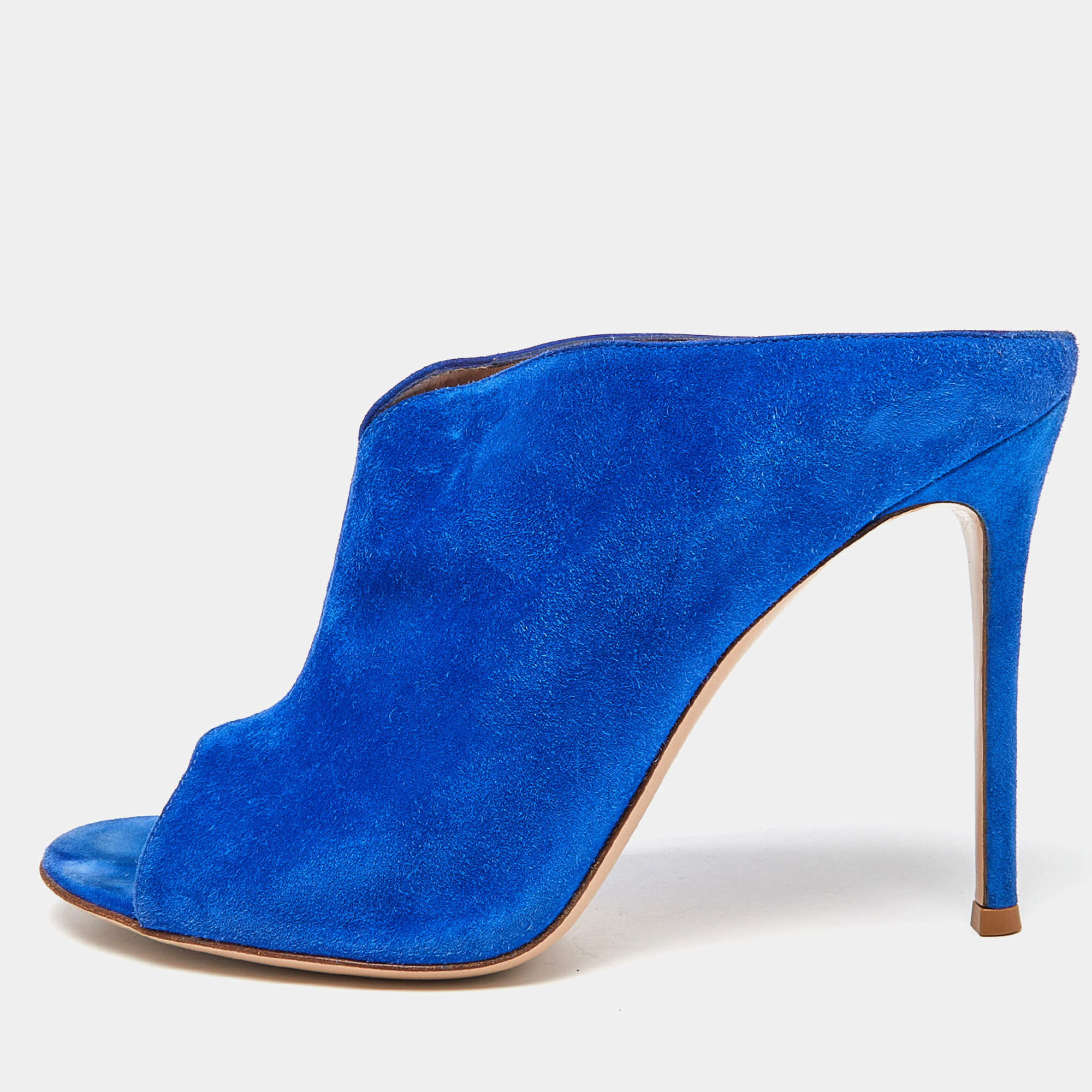 Pre Owned Gianvito Rossi Blue Suede Peep Toe Mules Size 39