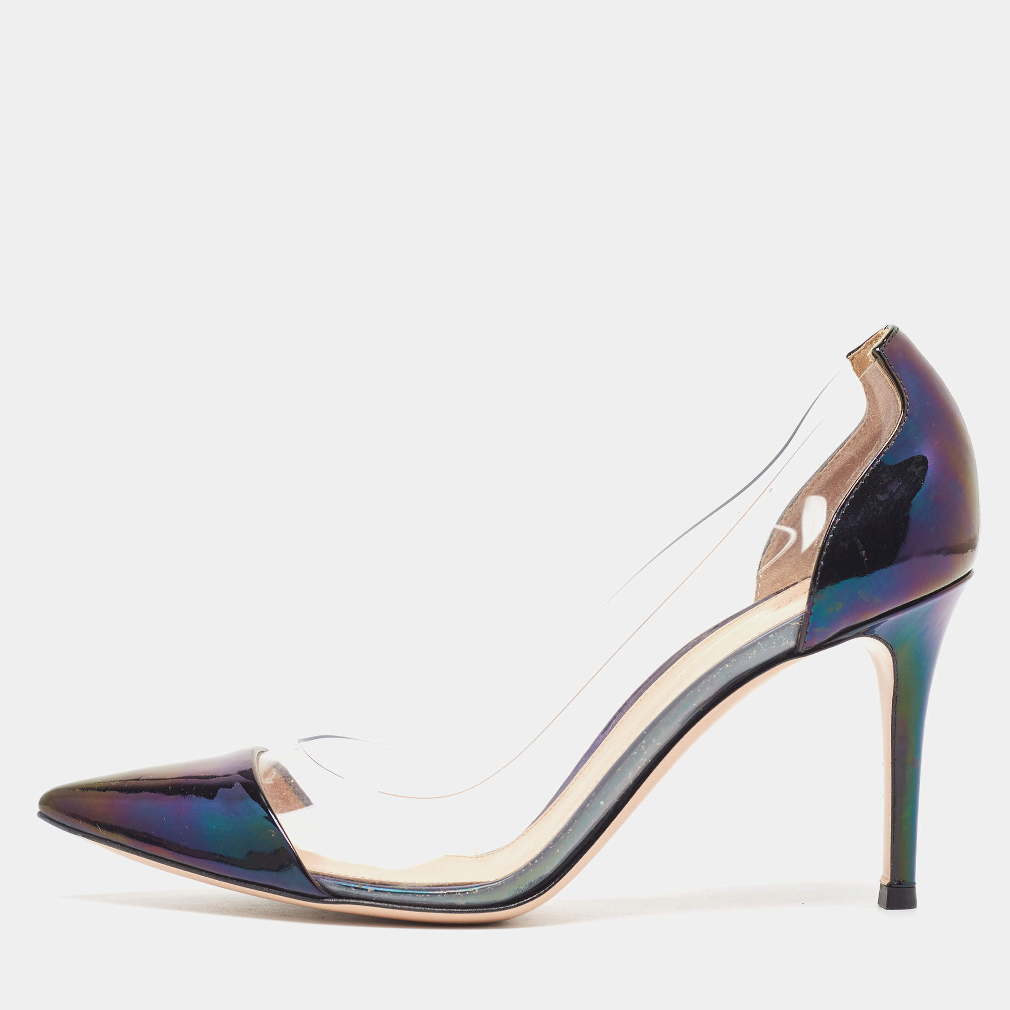 Pre Owned Gianvito Rossi Metallic Iridescent Leather and PVC Plexi Pumps Size 38