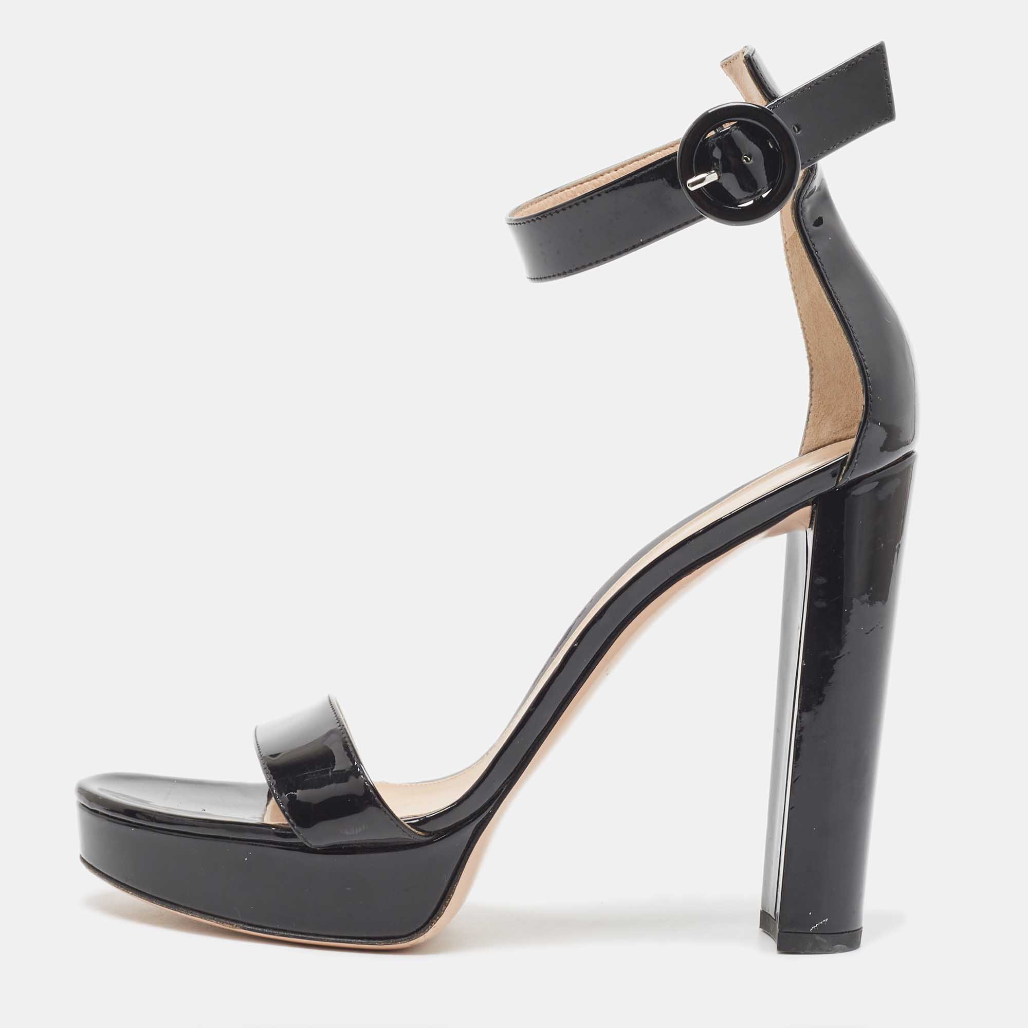 Pre Owned Gianvito Rossi Black Patent Leather Platform Ankle Strap Sandals Size 42