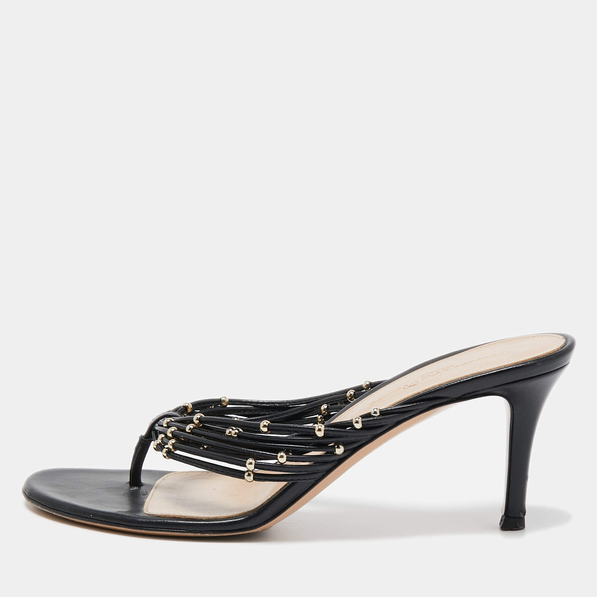 Pre Owned Gianvito Rossi Black Leather Studded Luxor Slide Sandals Size 36