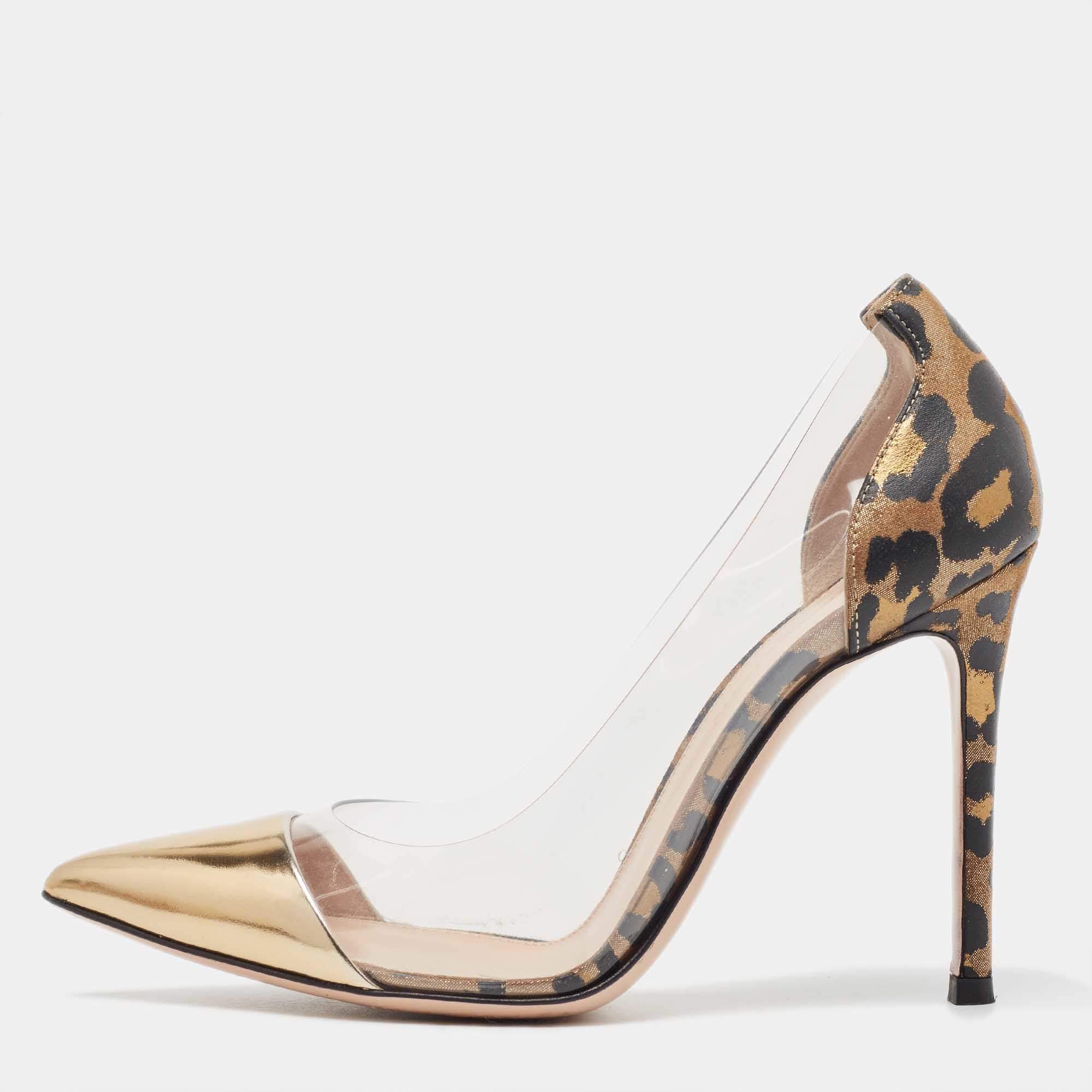 Pre Owned Gianvito Rossi Gold/Black Leopard Print Suede and PVC Plexi Pumps Size 35