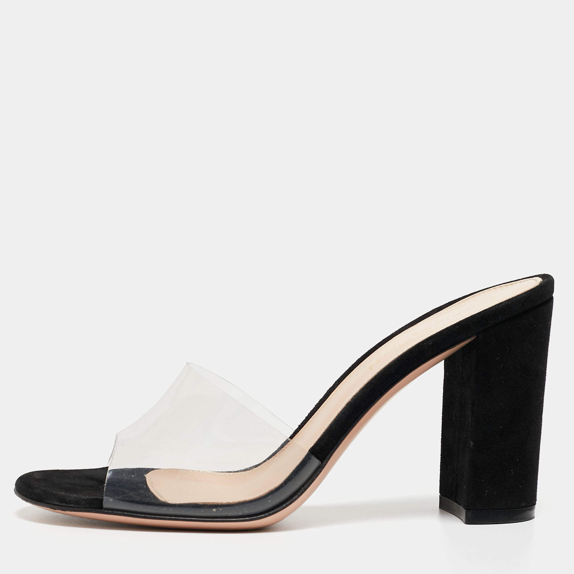 Pre Owned Gianvito Rossi Black PVC and Suede Open Toe Block Heel Slide Sandals Size 36