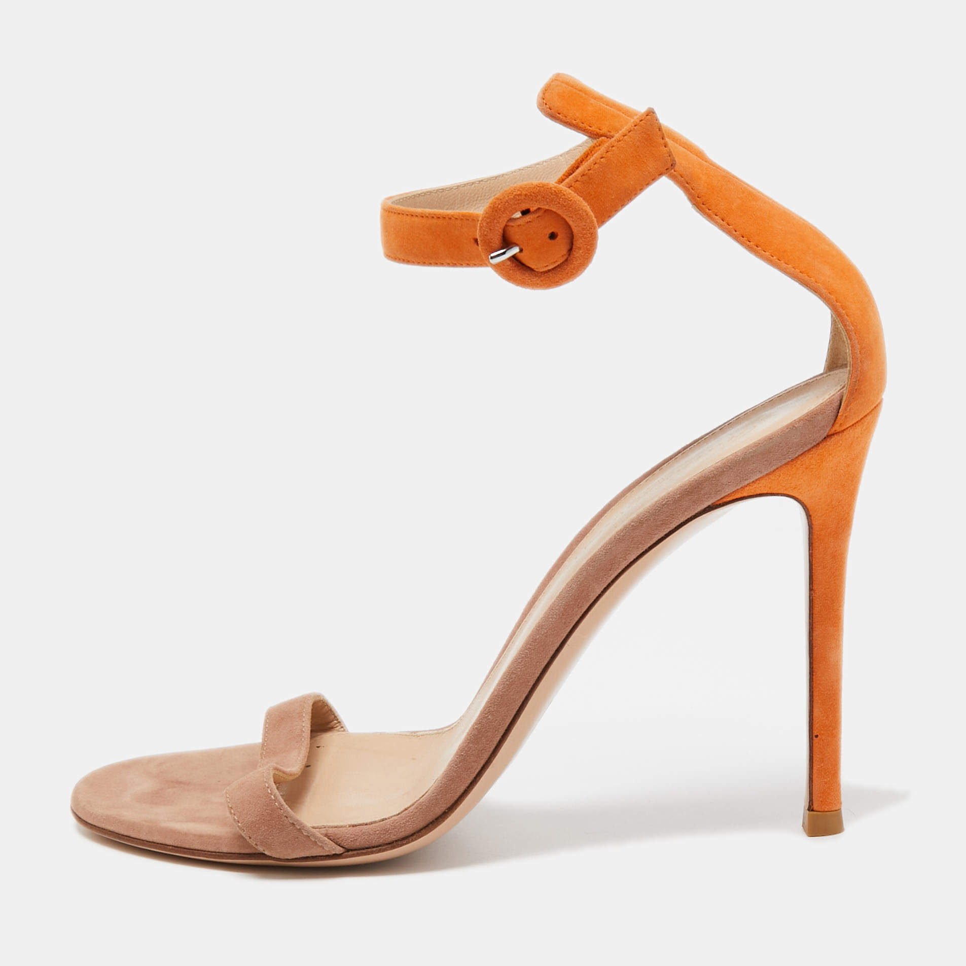 Pre Owned Gianvito Rossi Suede Orange and Beige Portofino Ankle Cuff Sandals Size 37.5