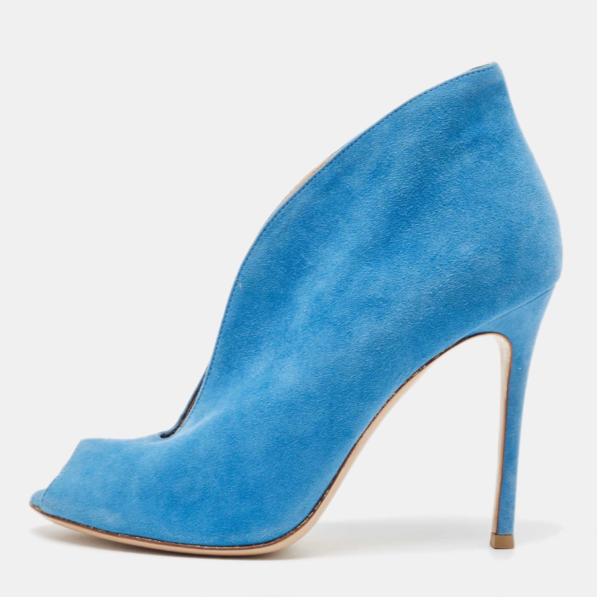 Pre Owned Gianvito Rossi Blue Suede Vamp Booties Size 38
