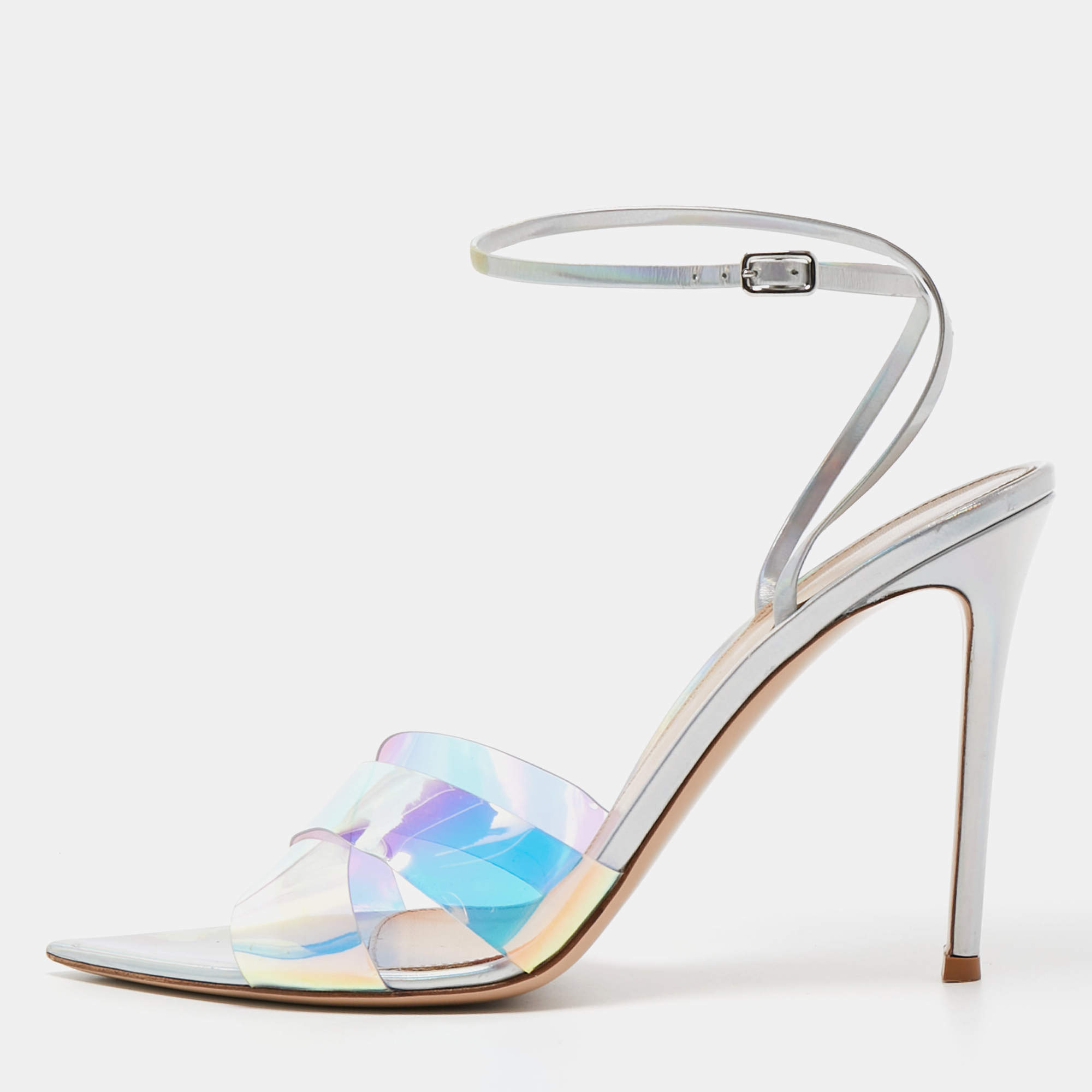 Pre Owned Gianvito Rossi Transparent Iridescent PVC Stark Ankle Strap Sandals Size 41.5