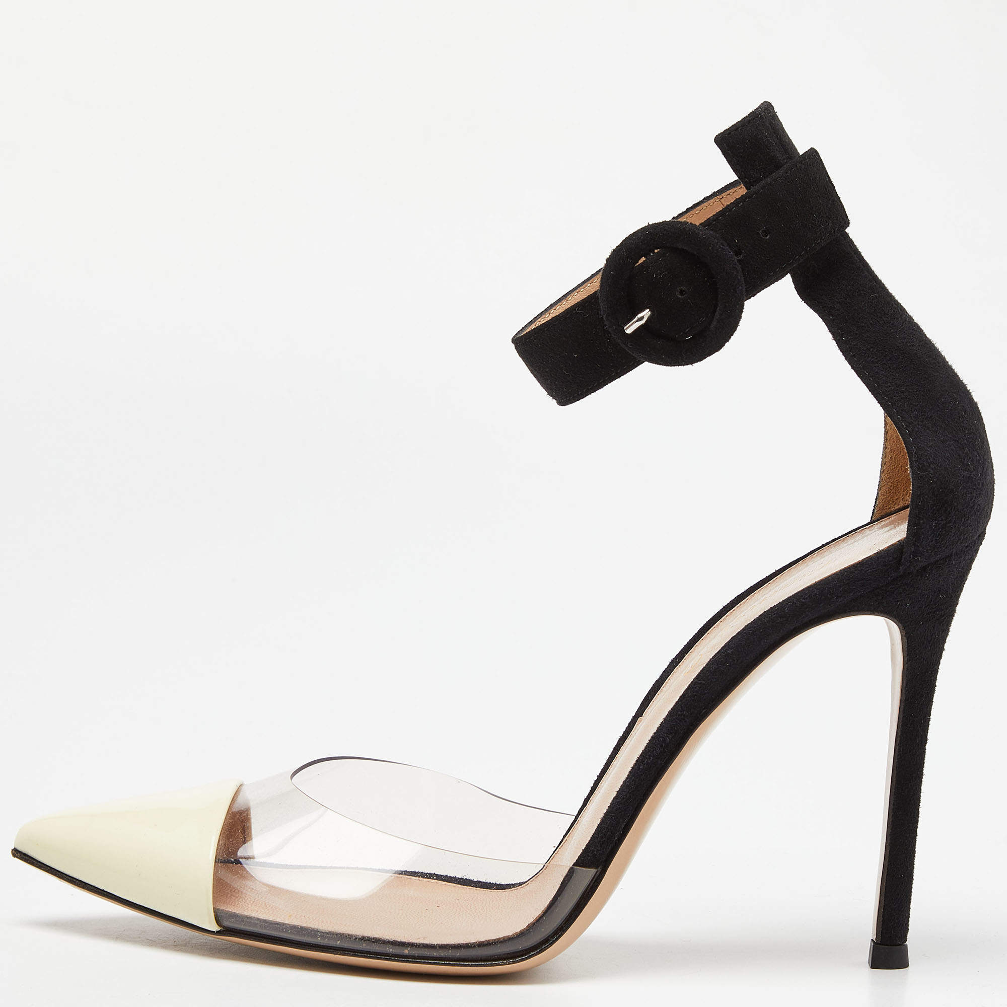 Pre Owned Gianvito Rossi Black/Beige Suede, Patent Leather and PVC Ankle Strap Sandals Size 37.5