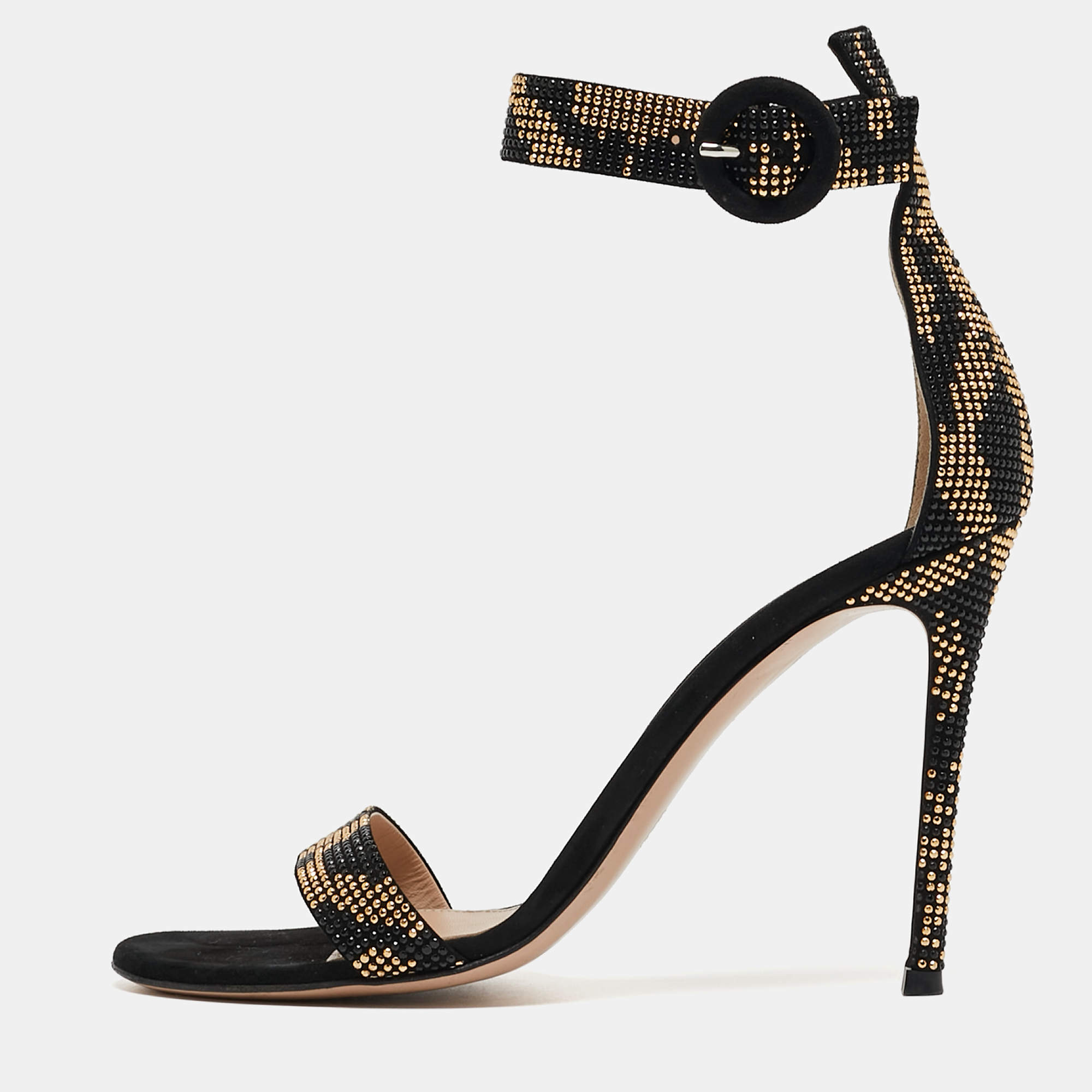 Pre Owned Gianvito Rossi Black Suede Studded Ankle Strap Sandals Size 39