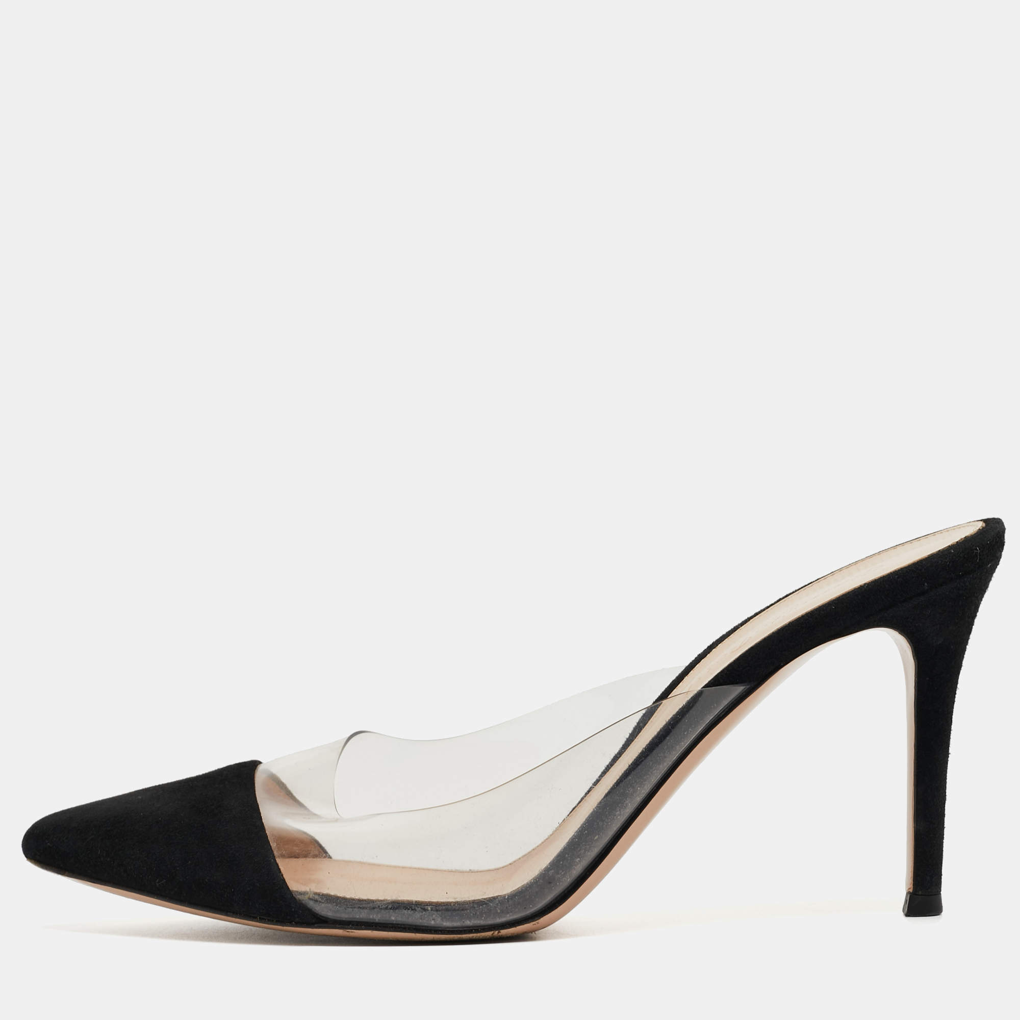 Pre Owned Gianvito Rossi Black Suede and PVC Plexi Pointed Toe Mule Sandals Size 39