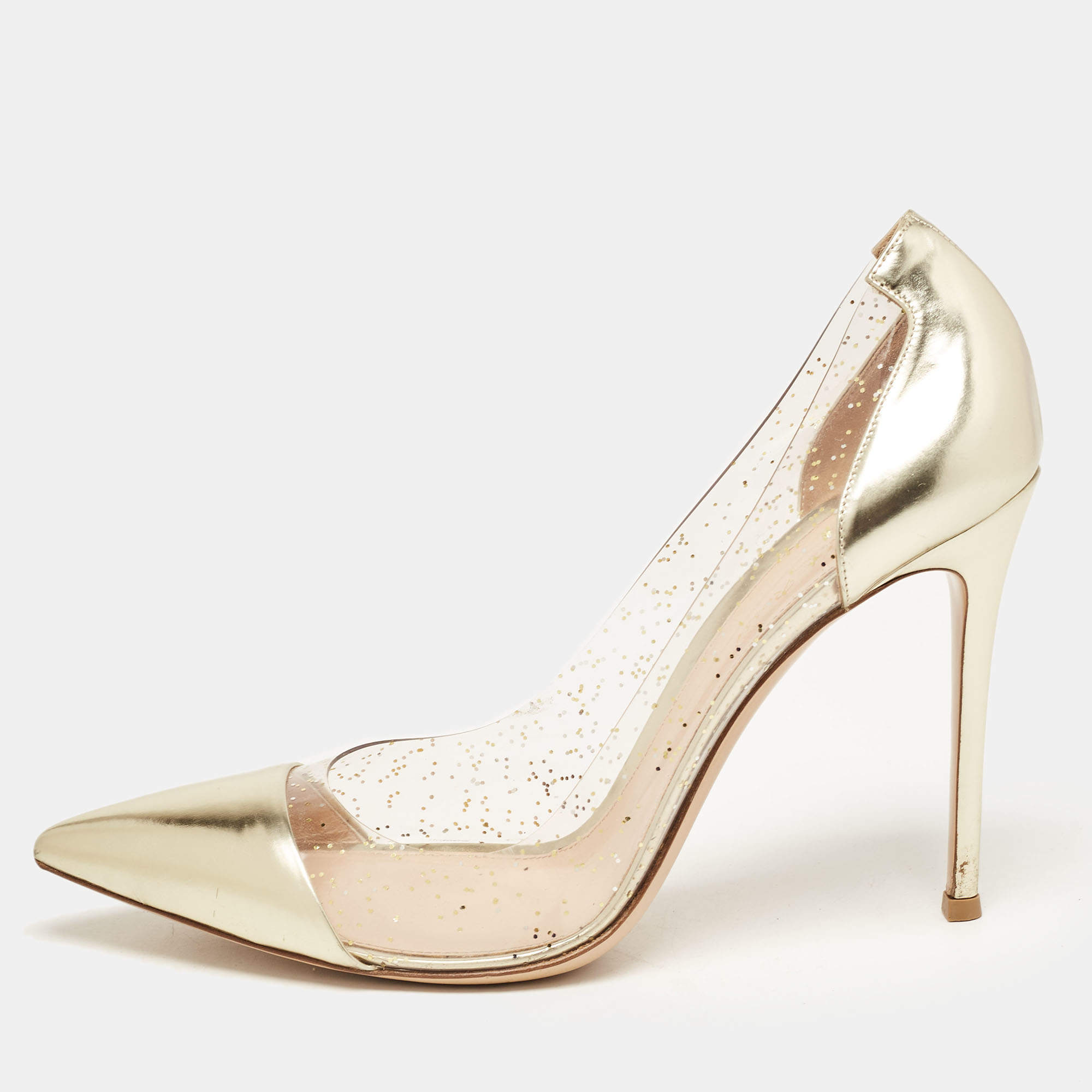 Pre Owned Gianvito Rossi Metallic Gold Leather and PVC Plexi Pumps Size 41
