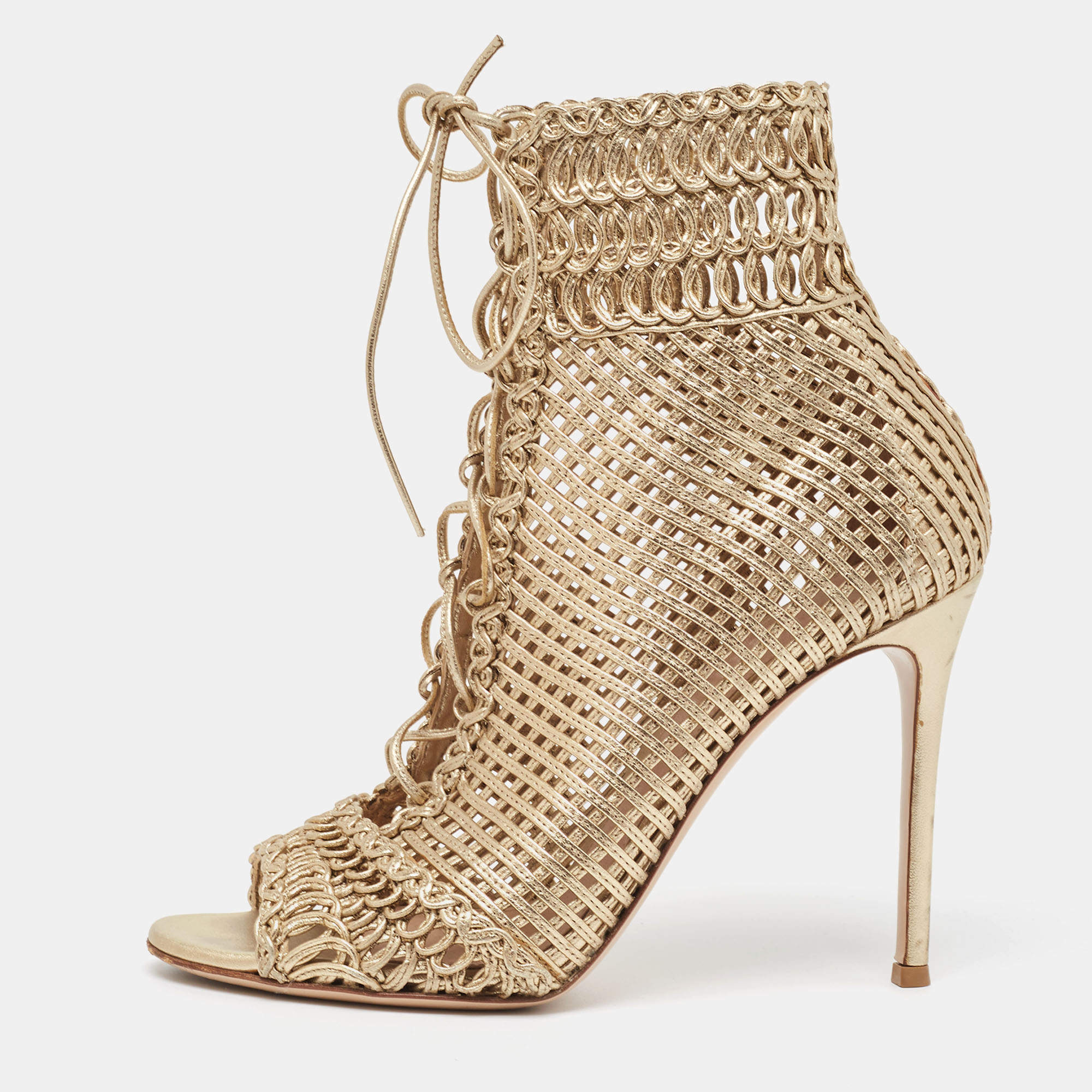 Pre Owned Gianvito Rossi Metallic Gold Leather Peep Toe Ankle Boots Size 39