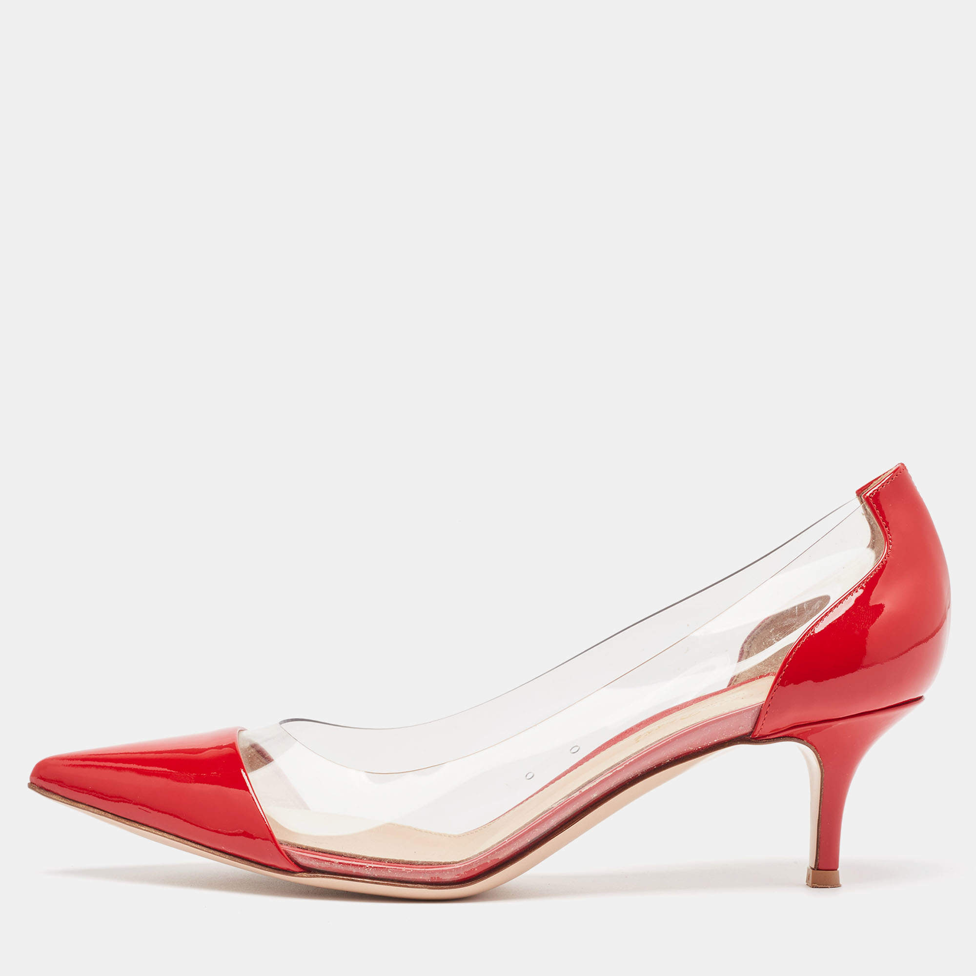 Pre Owned Gianvito Rossi Red Patent Leather and PVC Plexi Pumps Size 38
