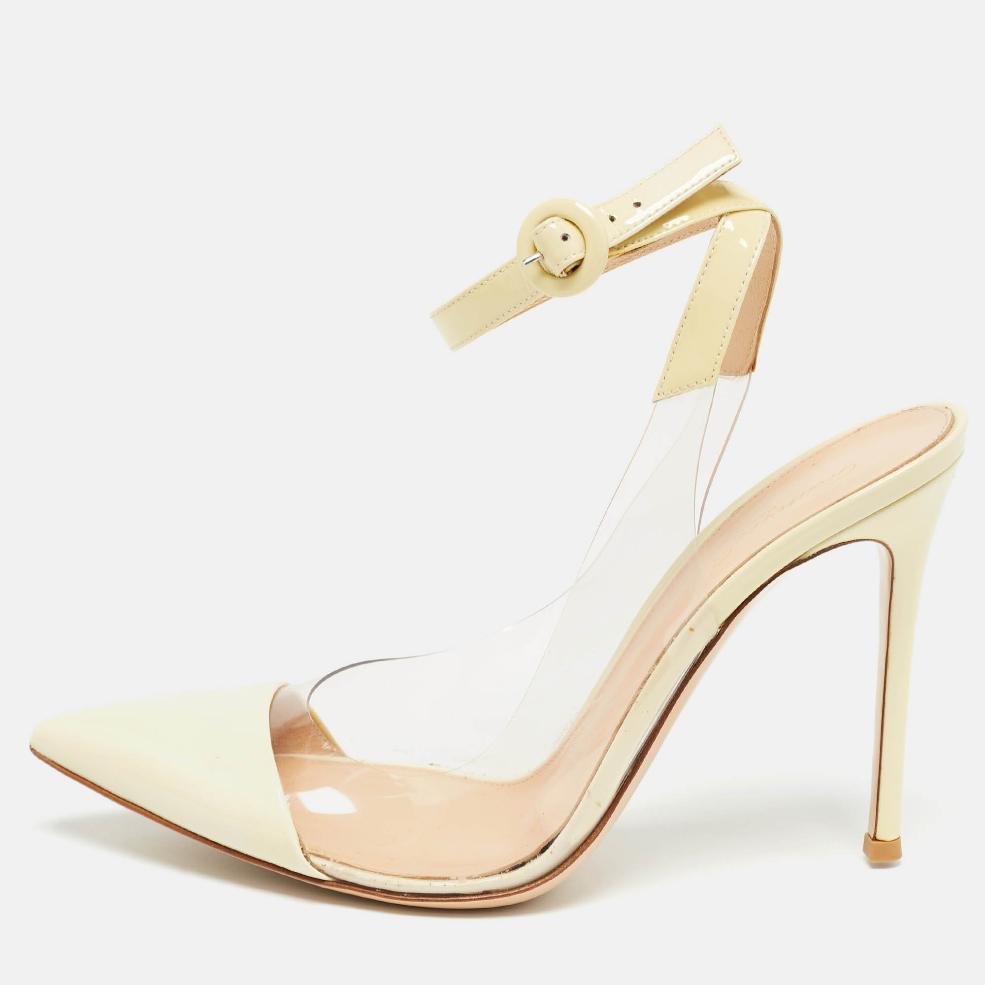 Pre Owned Gianvito Rossi Cream Patent and PVC Slingback Pumps Size 39.5  
