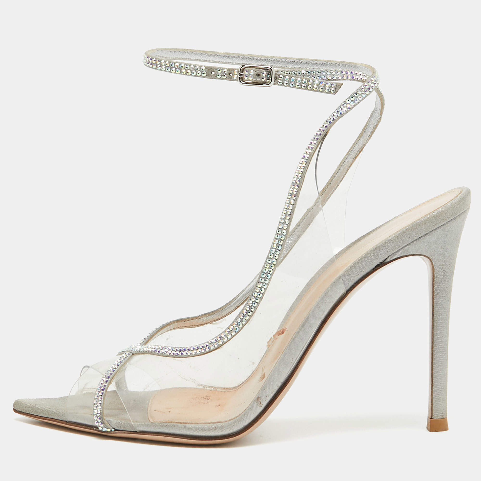 Gianvito Rossi Transparent PVC and Leather Crystal Embellished Ankle Strap Pumps Size 36.5 