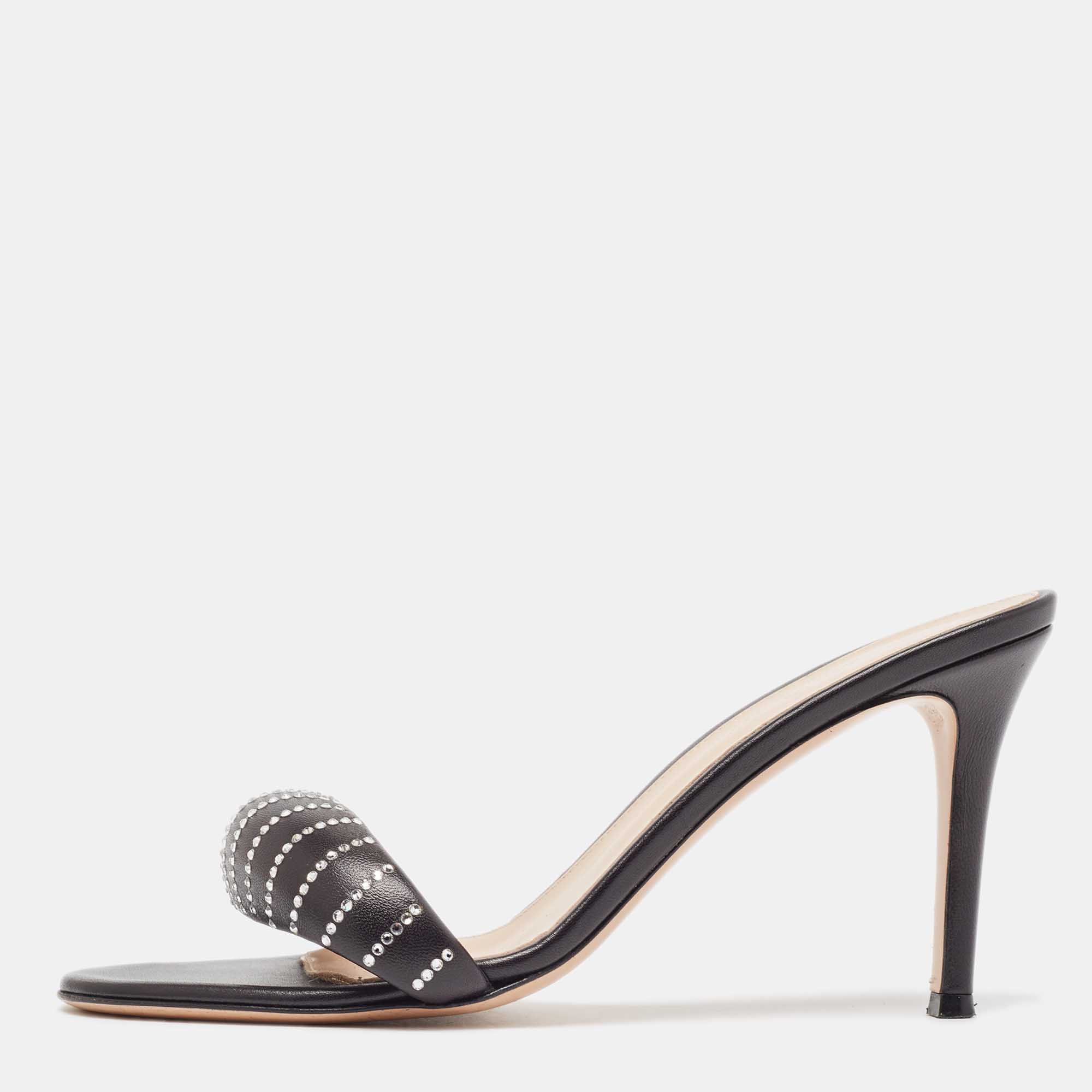 Pre Owned Gianvito Rossi Black Leather Bijoux Slides Size 39