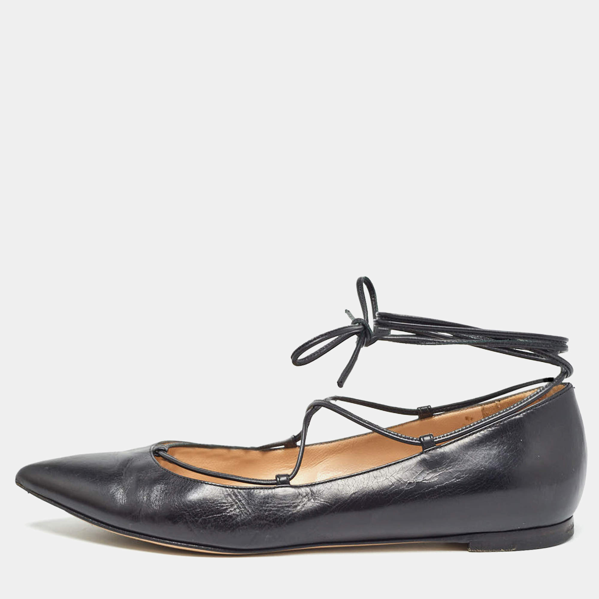Gianvito Rossi Black Leather Femi Ankle Tie Flats Size 37