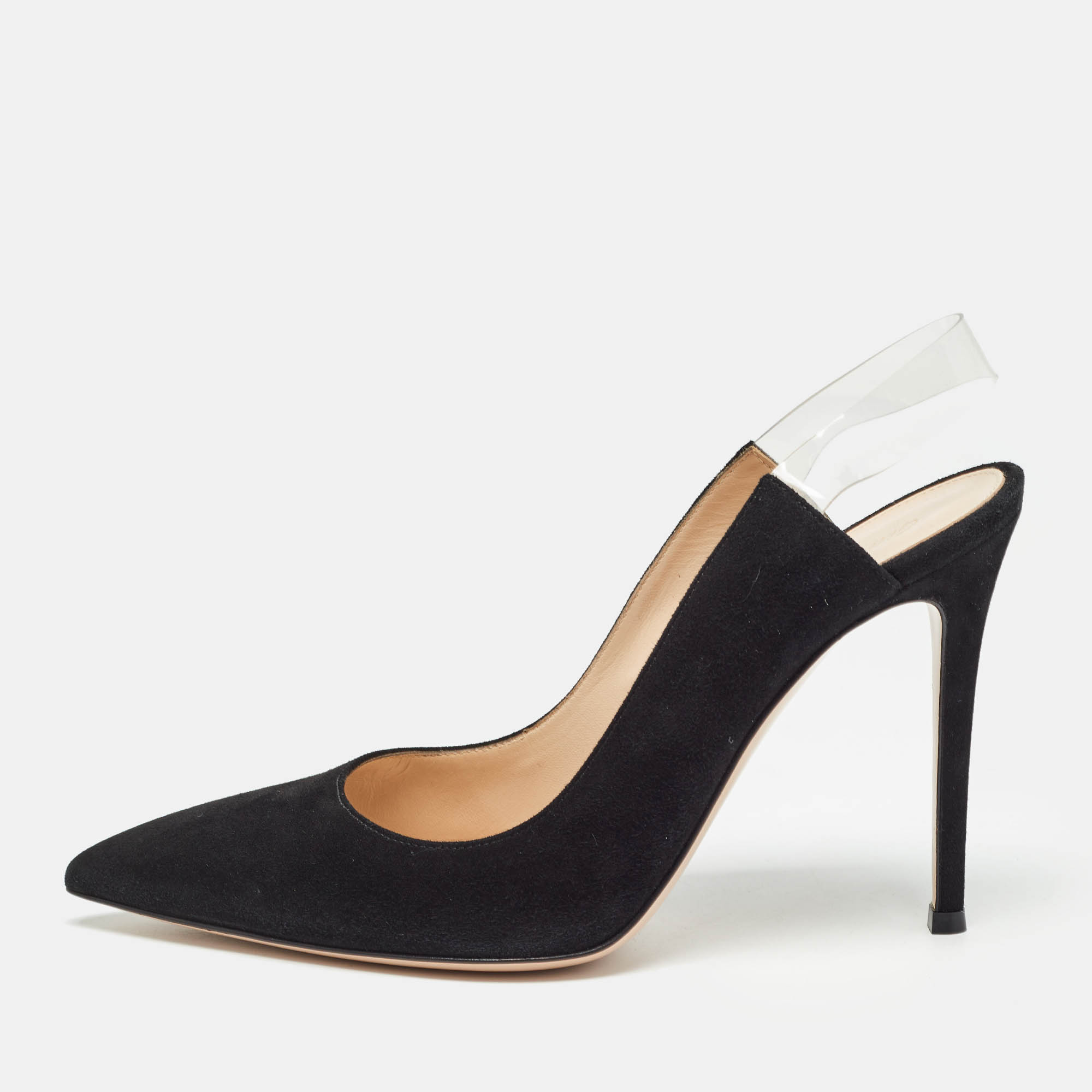 Pre Owned Gianvito Rossi Black Suede and PVC Slingback Pumps Size 39