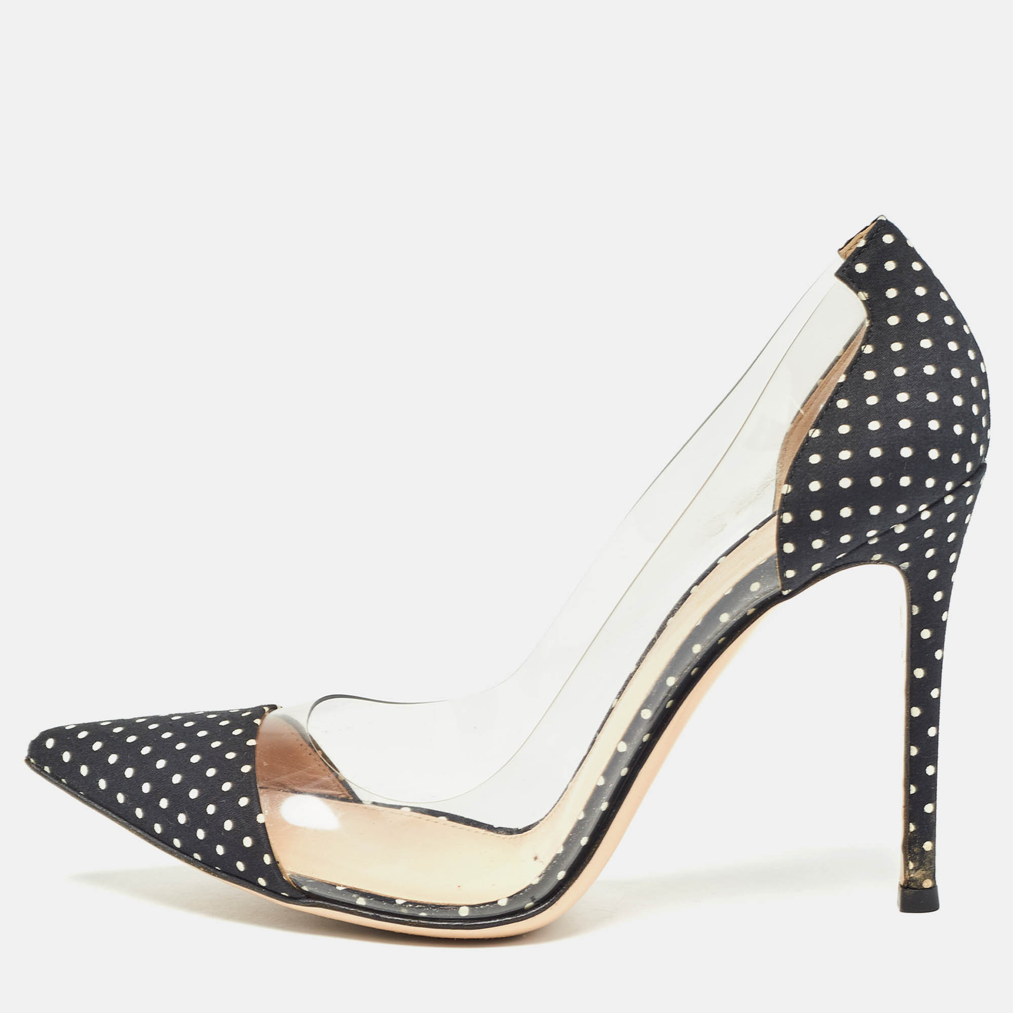 Gianvito Rossi Black/White Polka Fabric and PVC Plexi Pumps Size 37.5