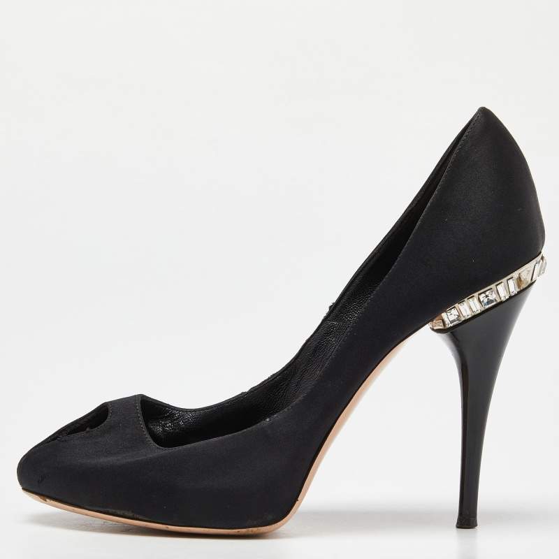 Gianvito Rossi Black Satin Crystal Embellished Peep Toe Pumps Size 36