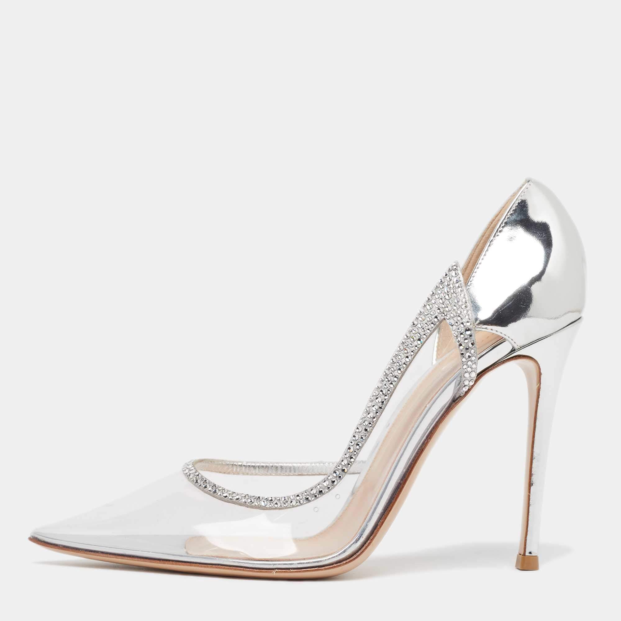 Pre Owned Gianvito Rossi Silver Leather and PVC Plexi D'orsay Pumps Size 39.5