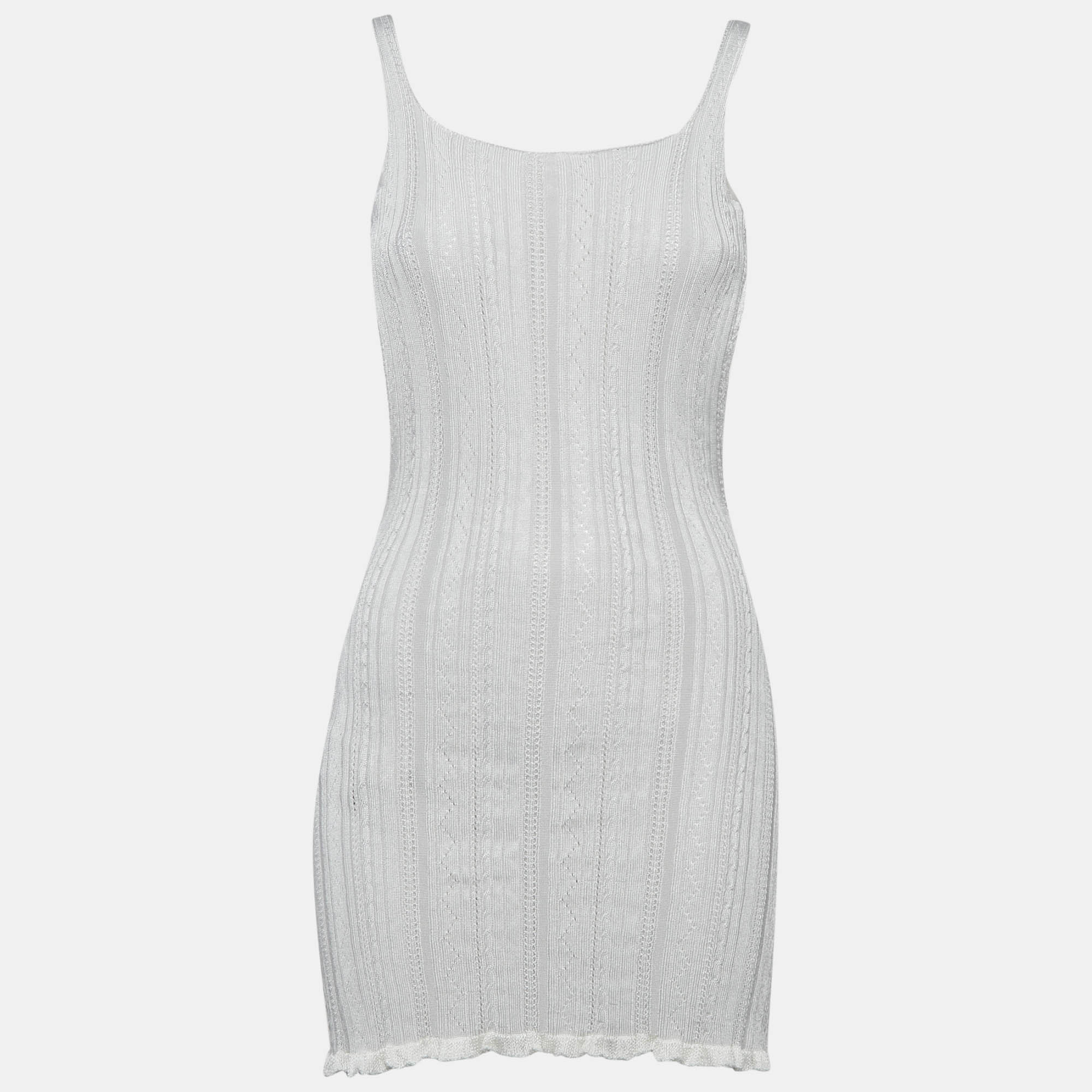Pre Owned Gimaguas Light Grey Patterned Knit Sleeveless Mini Dress S