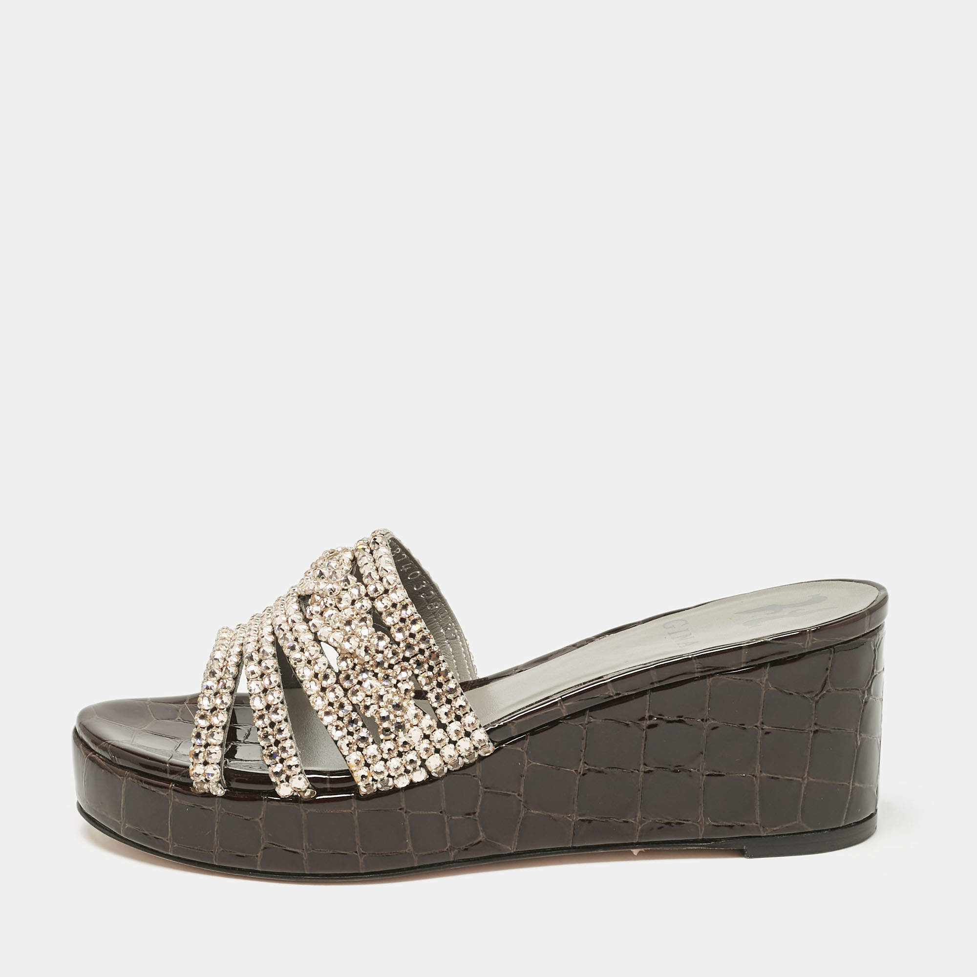 مملوكة مسبقًا Gina Brown Leather Crystal Embellished Phoenix Slide Sandals Size 37
