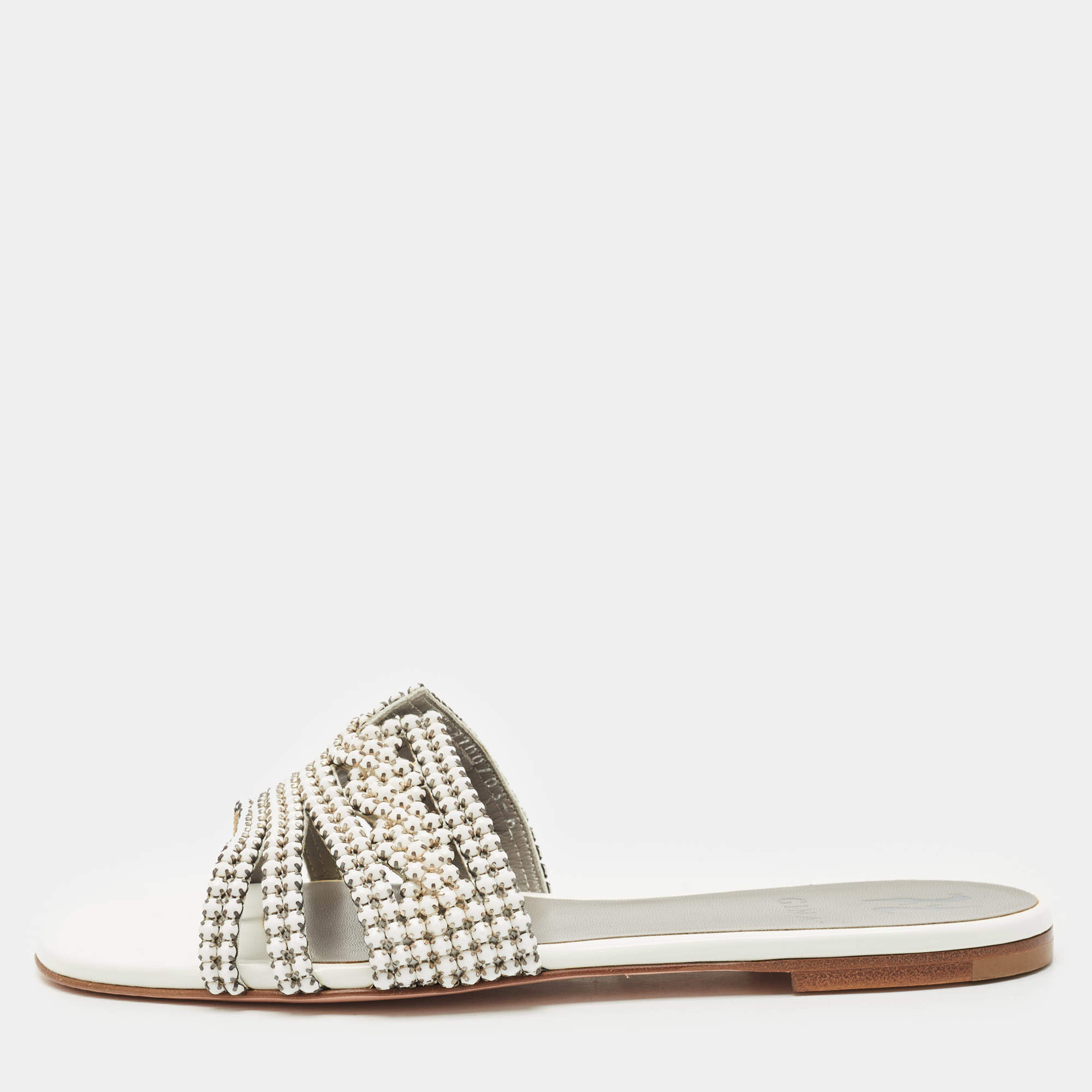 Gina White/Silver Leather Crystal Embellished Loren Flat Slides Size 39