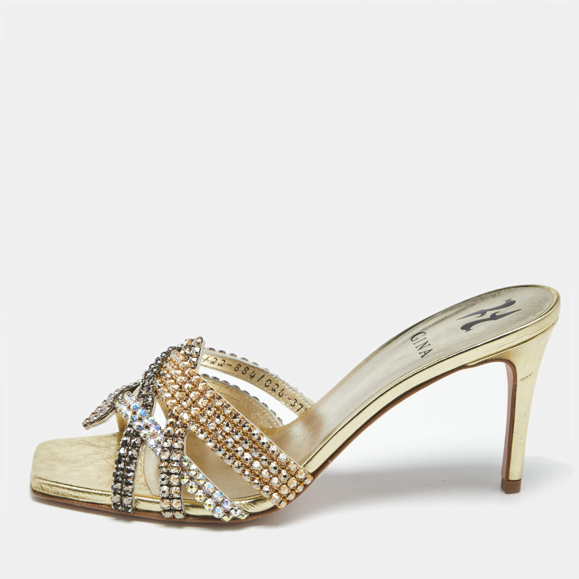 Pre Owned Gina Metallic Leather  Crystal Embellished Slide Sandals Size 37.5