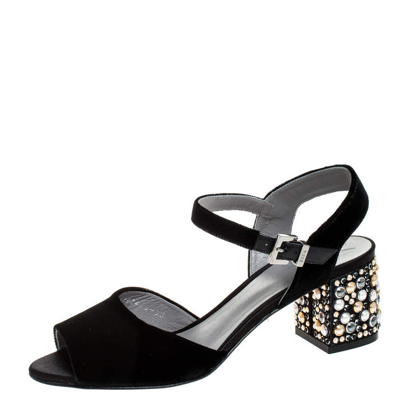 Gina Black Velvet Embellished Block Heel Ankle Strap Sandals Size 38 ...