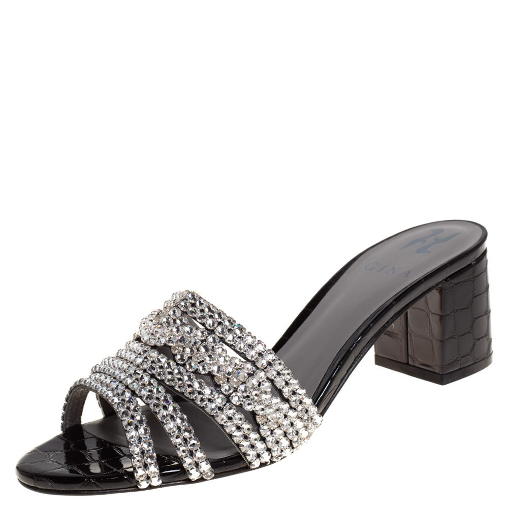 Gina Black Croc Embossed Patent Leather And Crystal Embellished Visage Slide Sandals Size 38.5