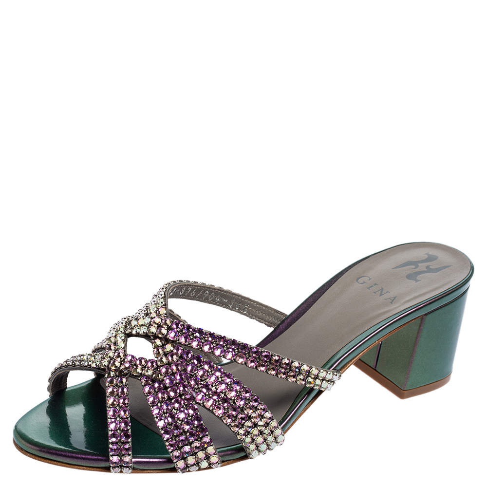 Pre Owned Gina Crystals Embellished Iridescent Leather Dexie Slide Sandals Size 38.5