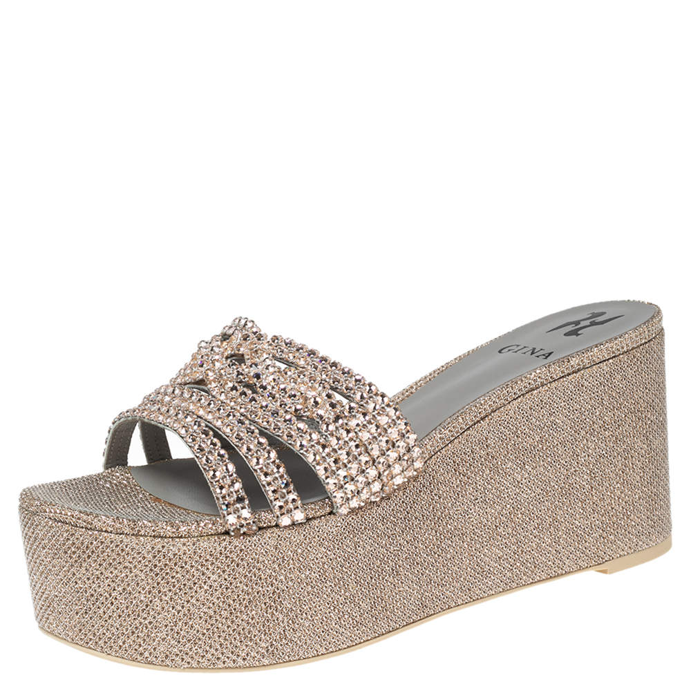 Pre Owned Gina Rose Gold Crystals Embellished Leather Wedge Platform Sandals Size 39.5