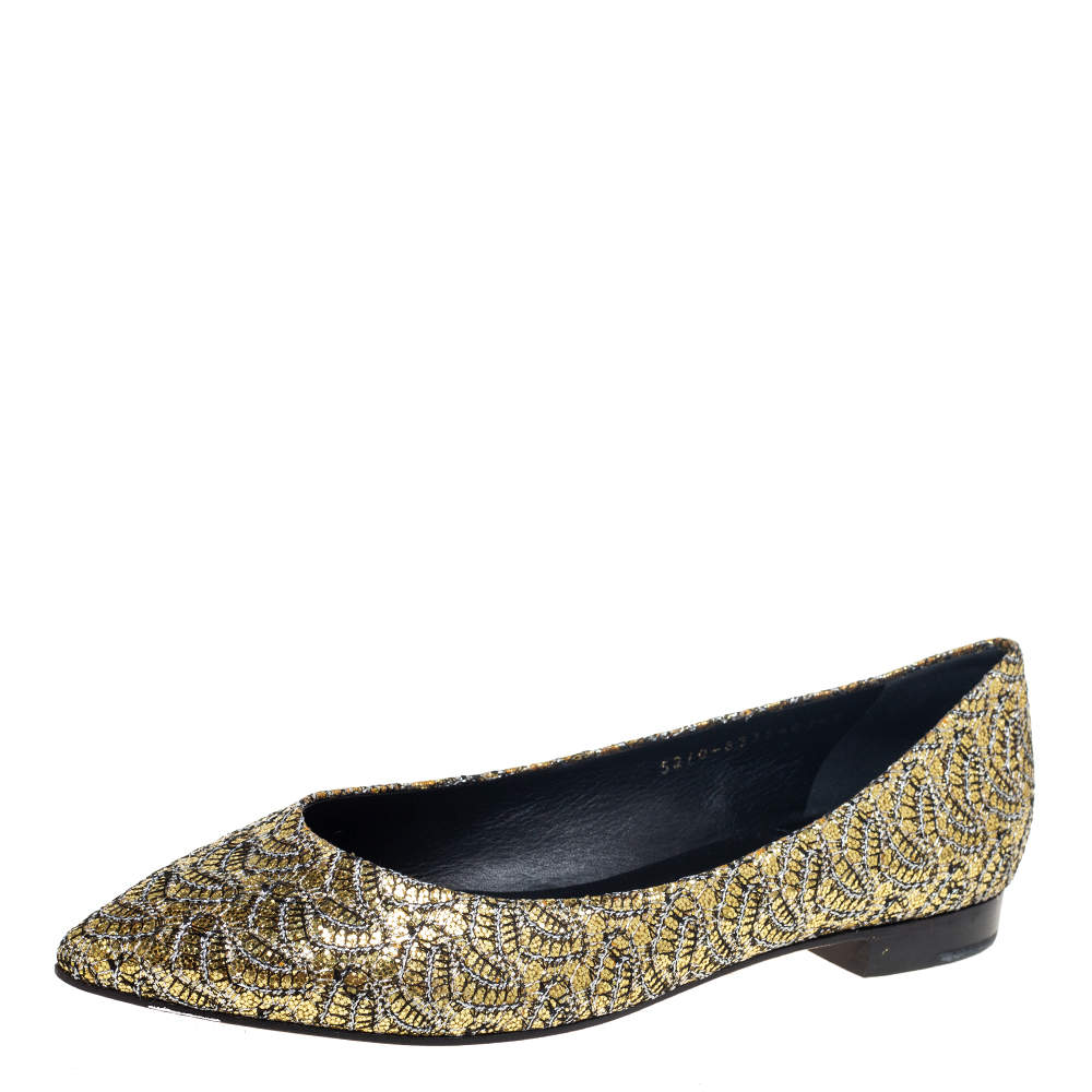 Pre Owned Gina Metallic Gold Glitter Pointed Toe Ballet Flats Size 40