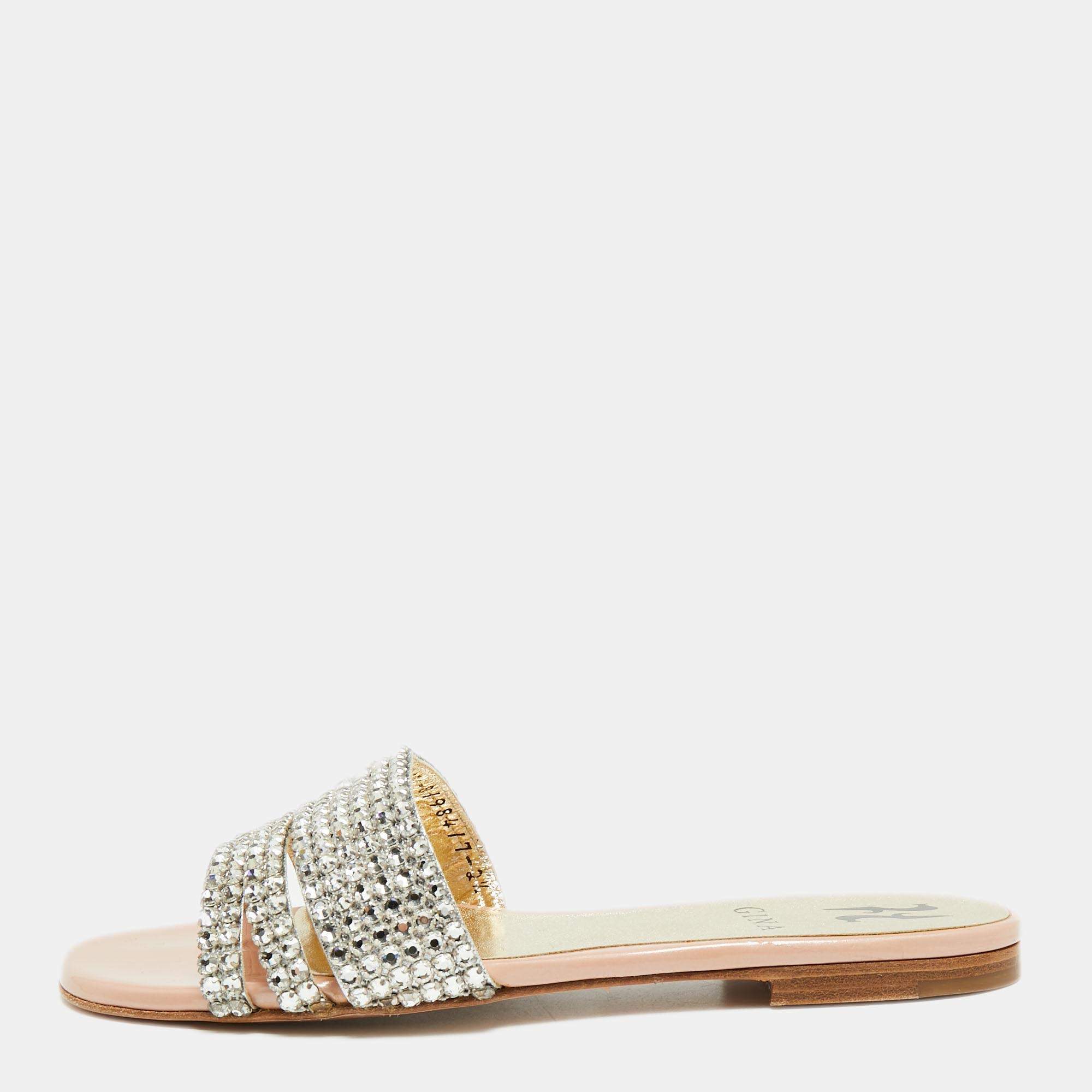 Pre Owned Gina Pink Patent Leather Crystals Embellished Flat Sandals Size 35 